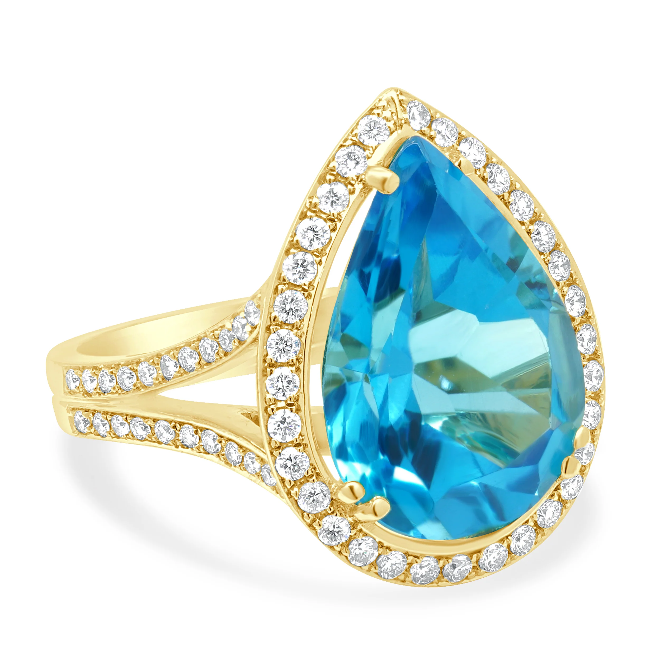 18 Karat Yellow Gold Pear-Shaped Blue Topaz and Round Diamond Halo Ring - Image 3