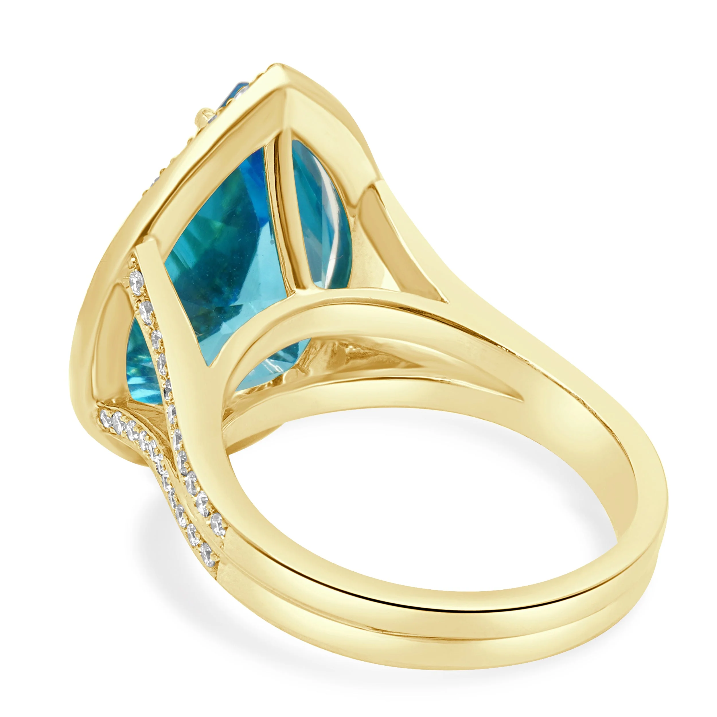 18 Karat Yellow Gold Pear-Shaped Blue Topaz and Round Diamond Halo Ring - Image 4