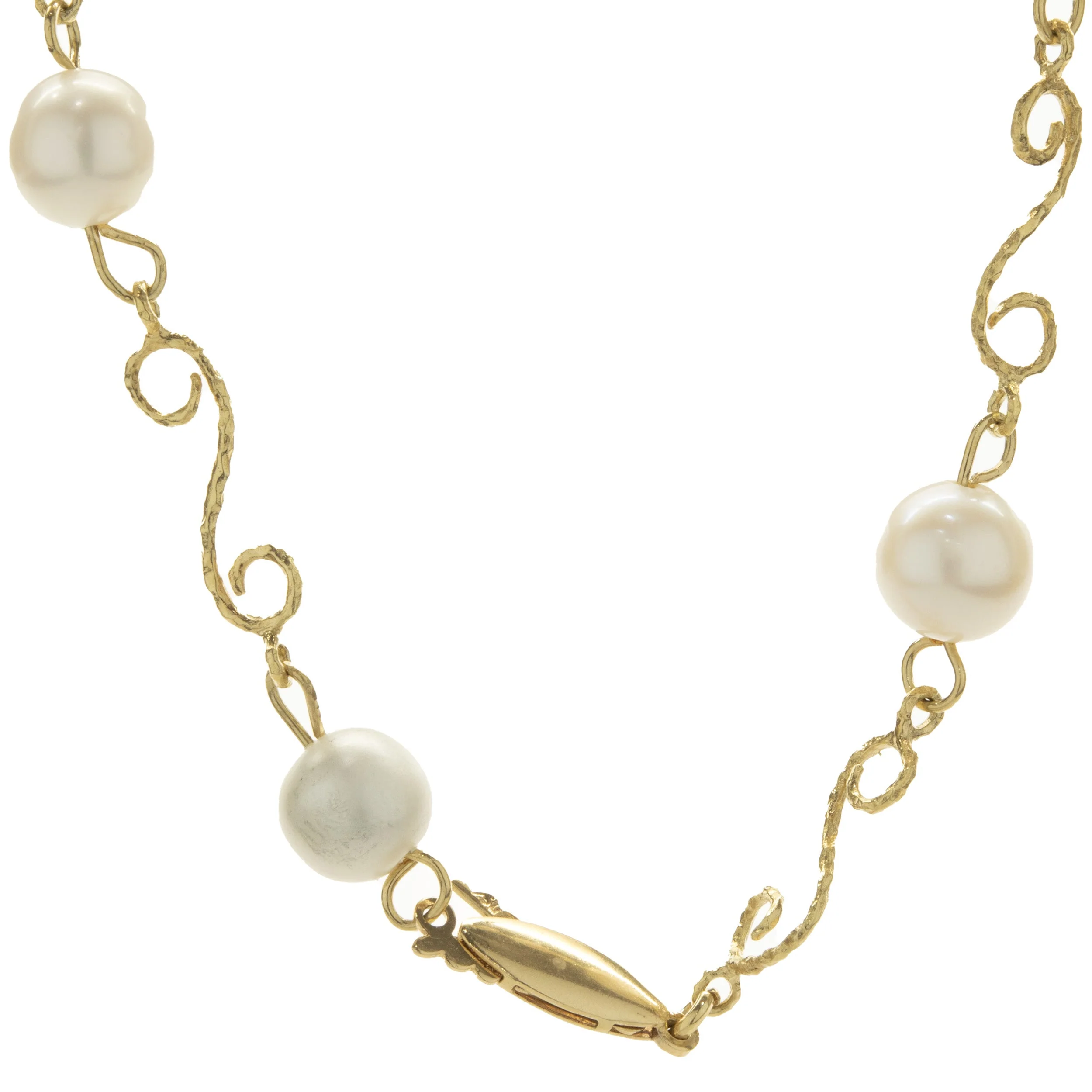 18 Karat Yellow Gold Pearl Station Necklace with Ornate Link - Image 3
