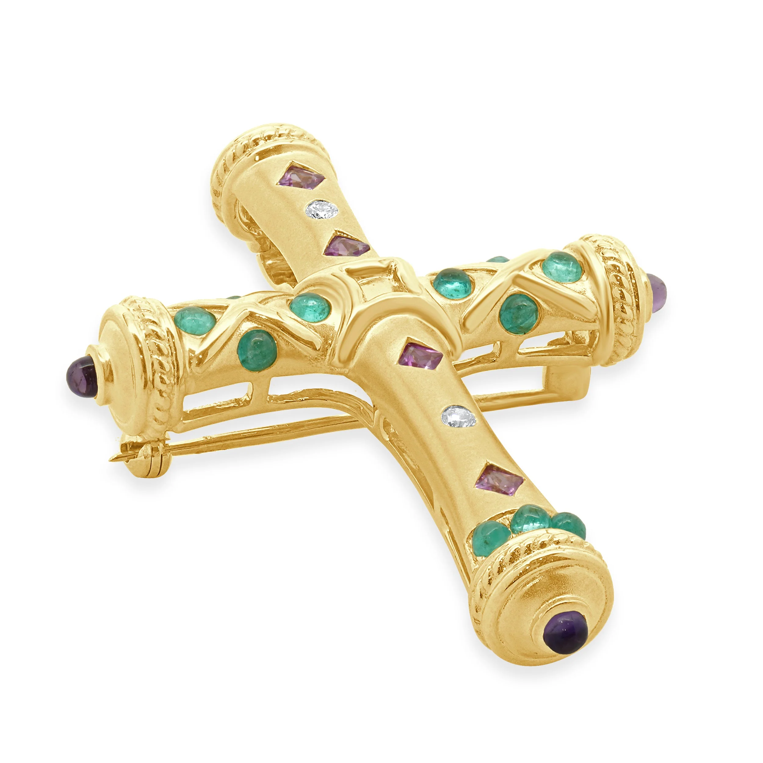 18 Karat Yellow Gold Pink Sapphire, Paraiba Tourmaline, Diamond and Amethyst Cross Pendant
