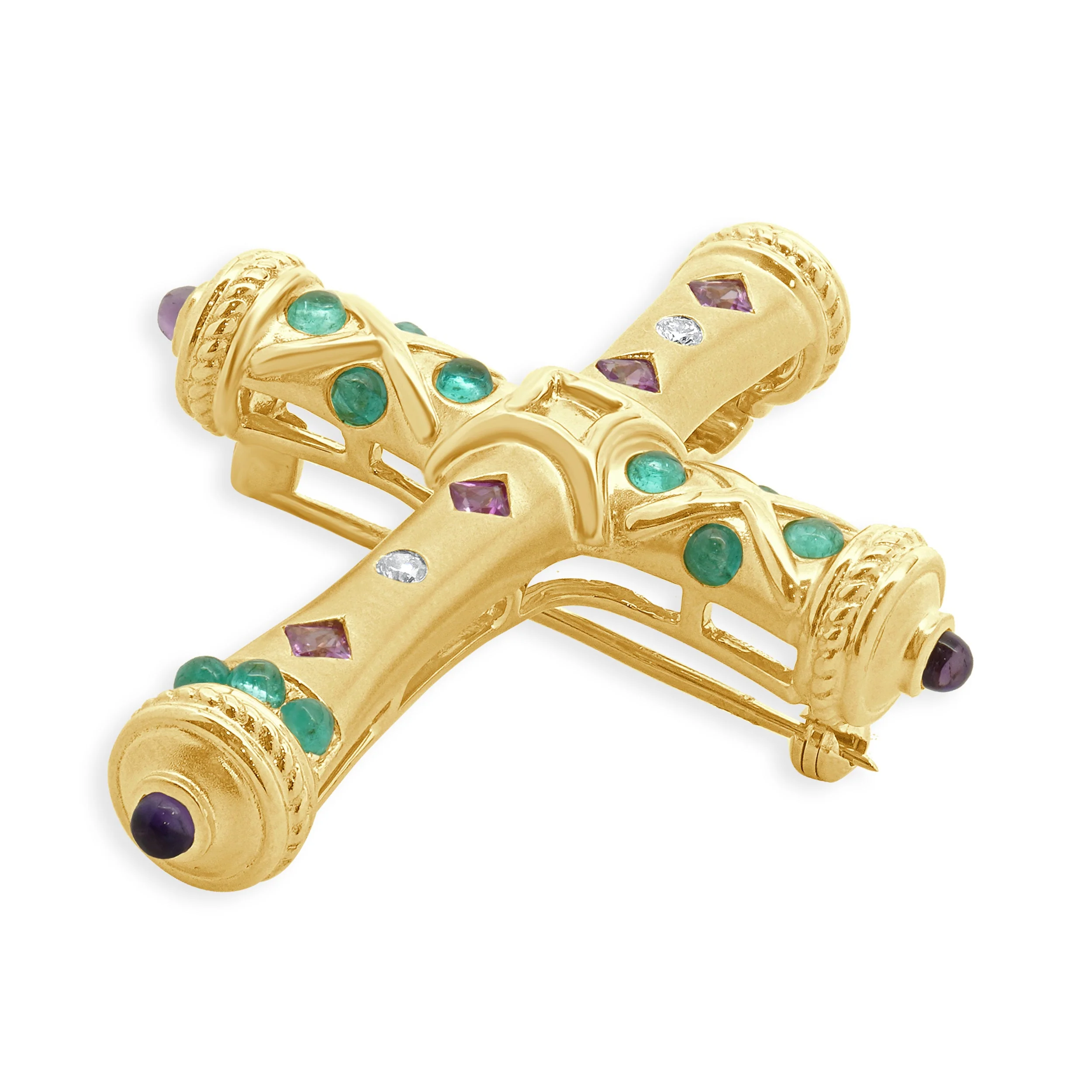 18 Karat Yellow Gold Pink Sapphire, Paraiba Tourmaline, Diamond and Amethyst Cross Pendant - Image 2