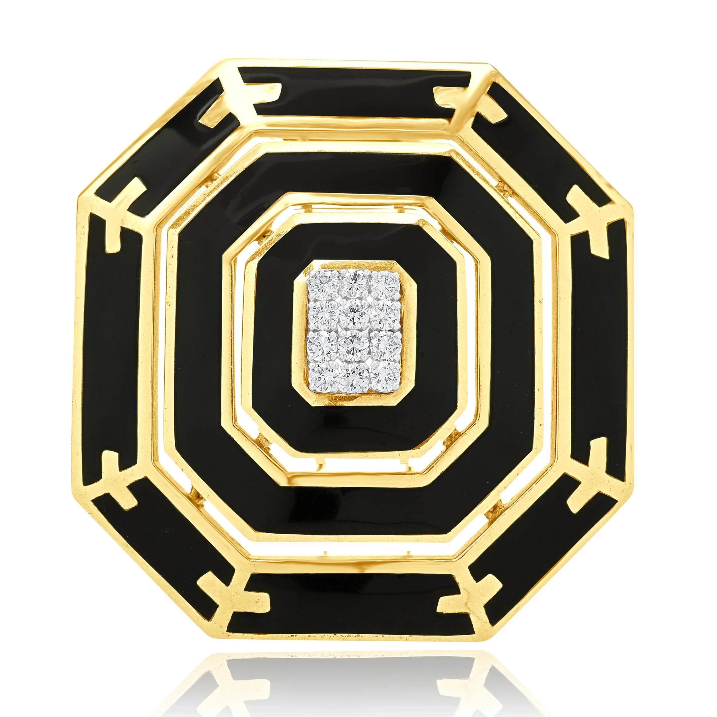 18 Karat Yellow Gold & Platinum Diamond and Enamel Hexagon Brooch