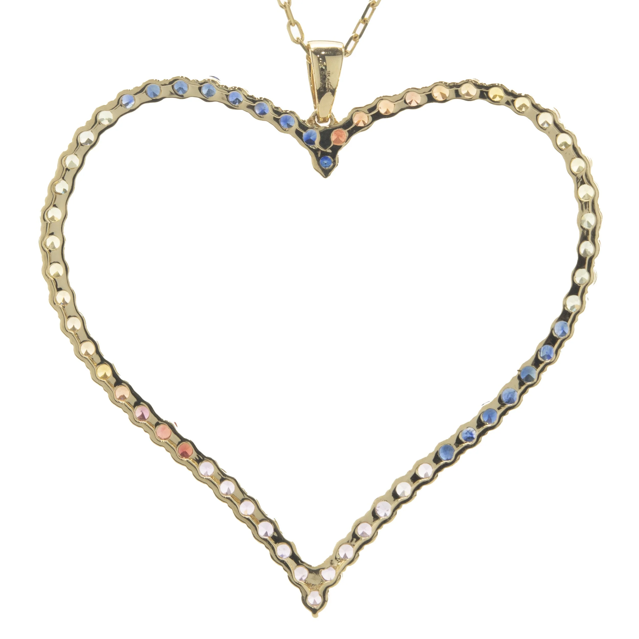 18 Karat Yellow Gold Rainbow Sapphire Open Heart Necklace - Image 3