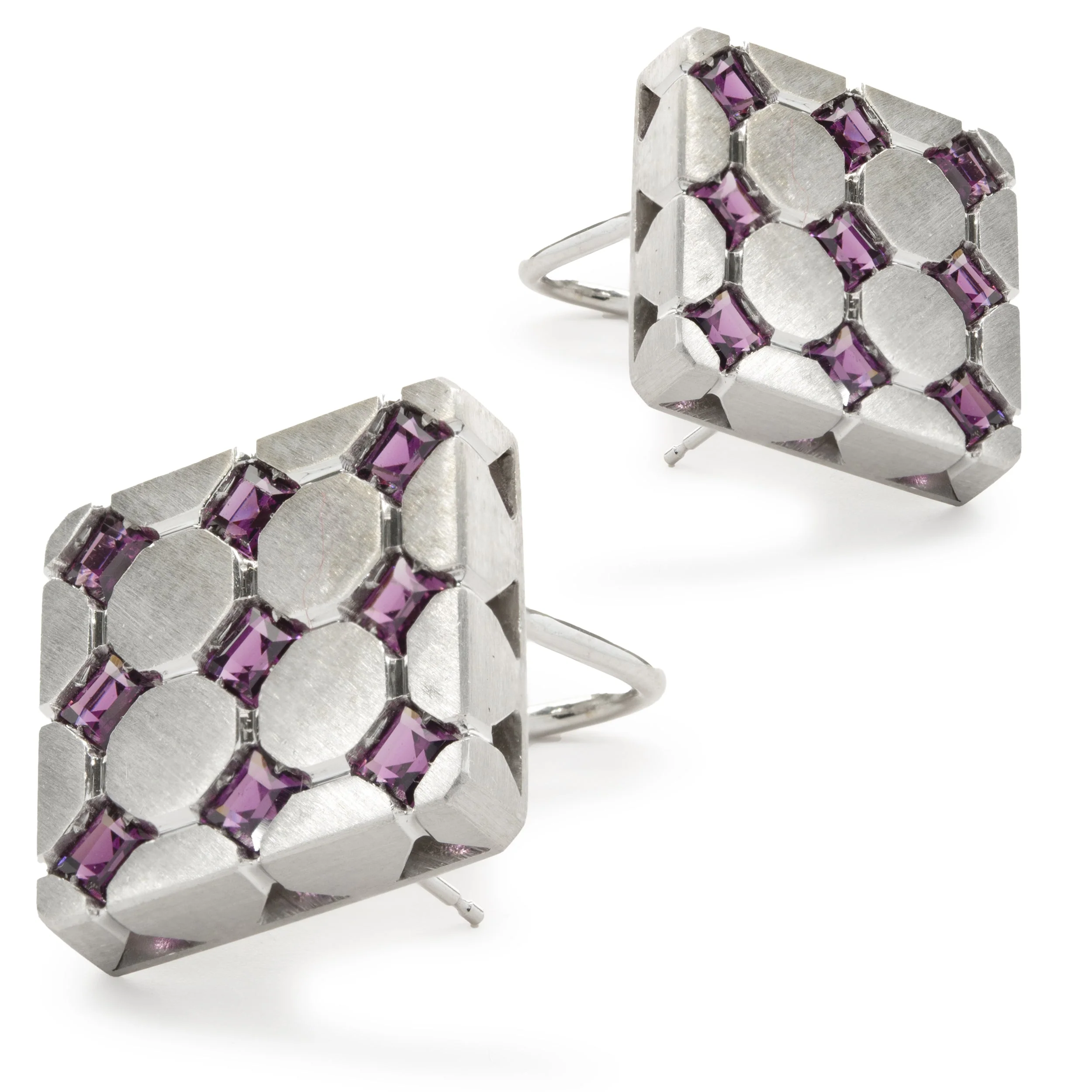 18 Karat Yellow Gold Rhodium Coated Pink Topaz Square Earrings - Image 2