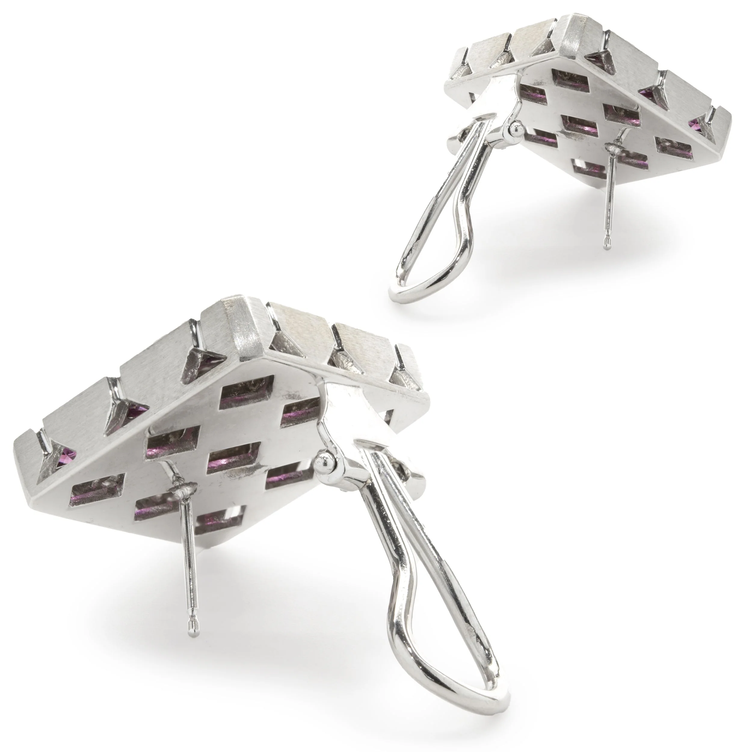 18 Karat Yellow Gold Rhodium Coated Pink Topaz Square Earrings - Image 3