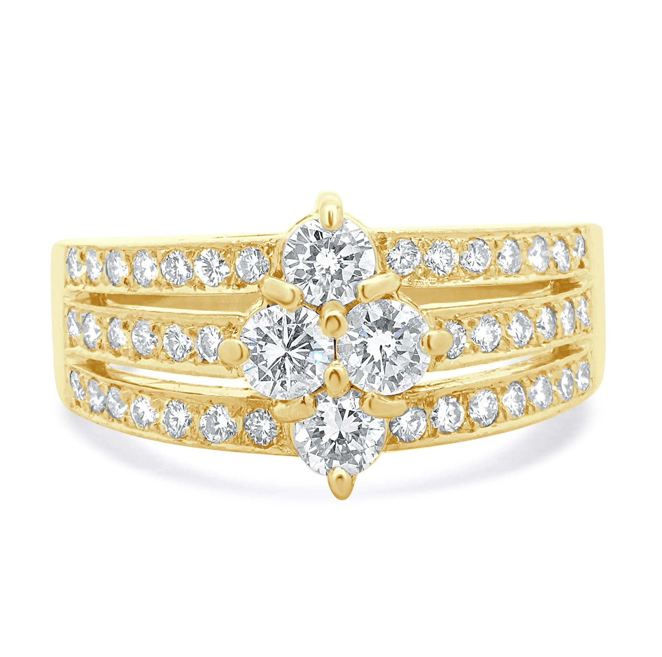 18 Karat Yellow Gold Three Row Diamond Cluster Ring