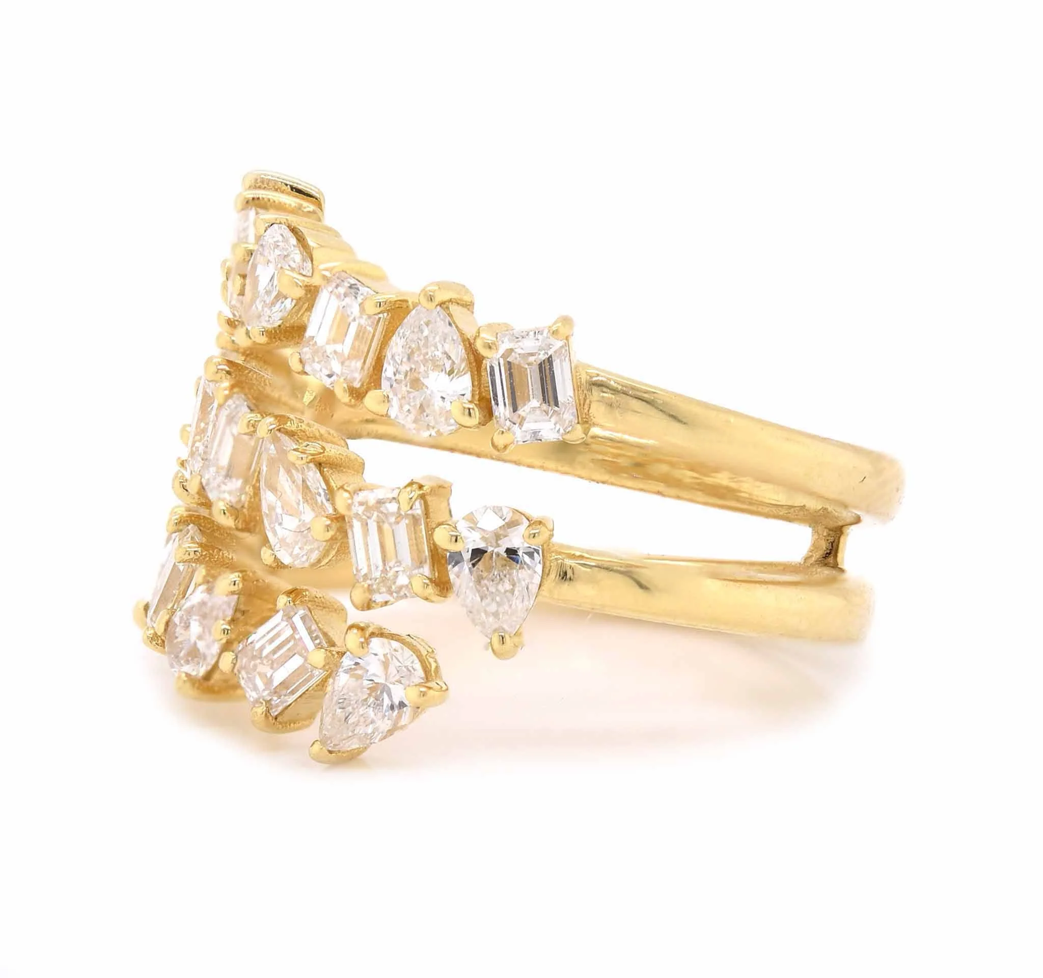 18 Karat Yellow Gold Three Row Pear and Baguette Diamond Bypass Ring - Image 2