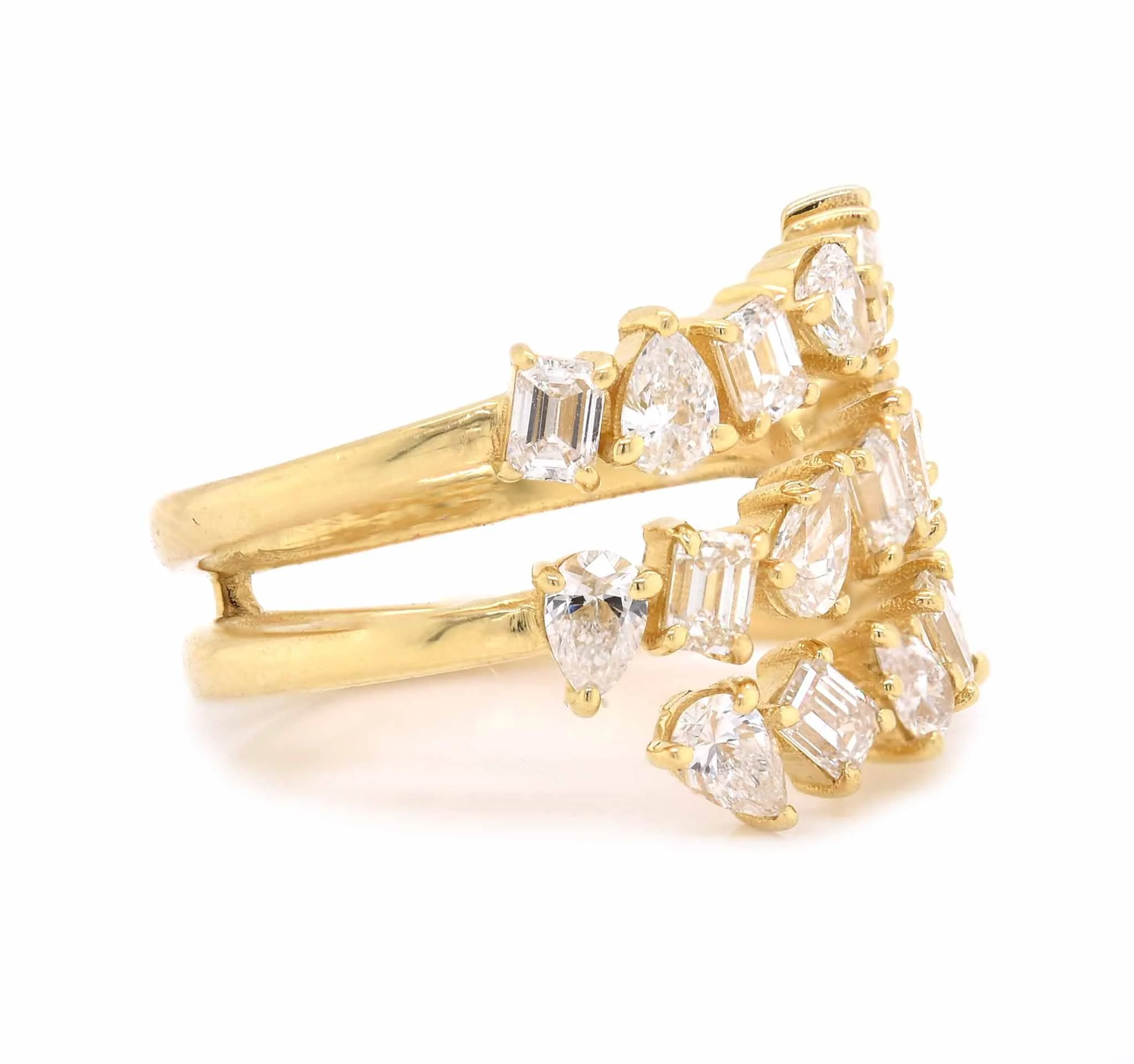 18 Karat Yellow Gold Three Row Pear and Baguette Diamond Bypass Ring - Image 3