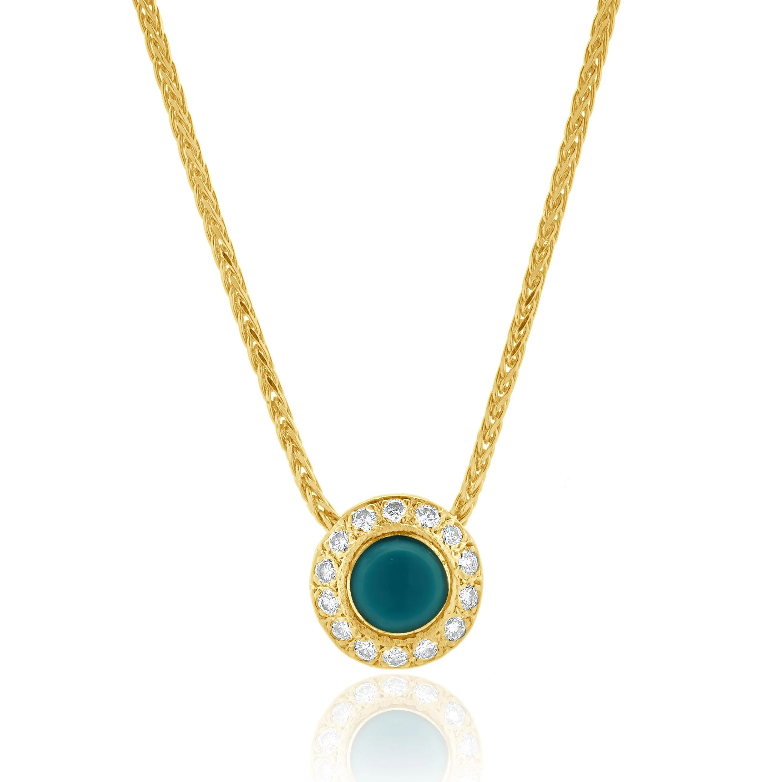 18 Karat Yellow Gold Turquoise and Diamond Halo Necklace