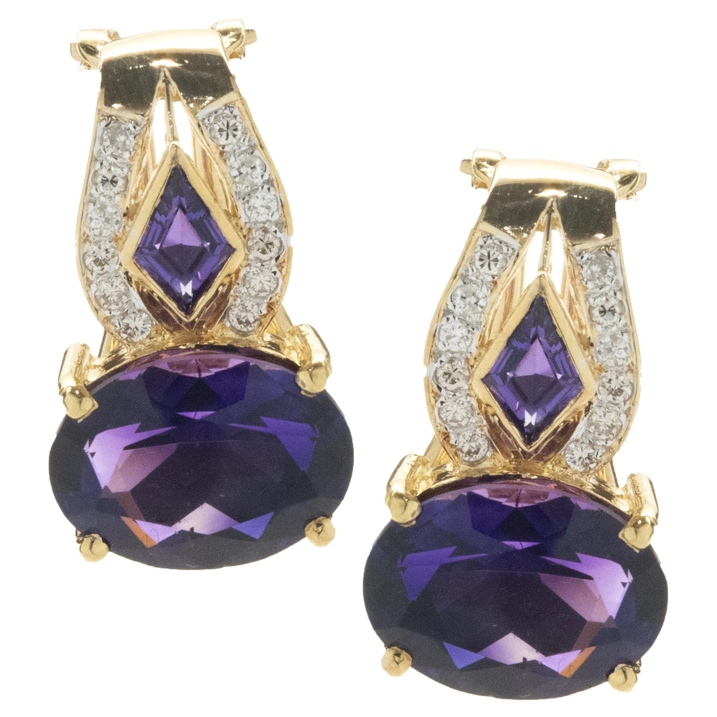 18 Karat Yellow Gold Vintage Diamond and Amethyst Drop Earrings