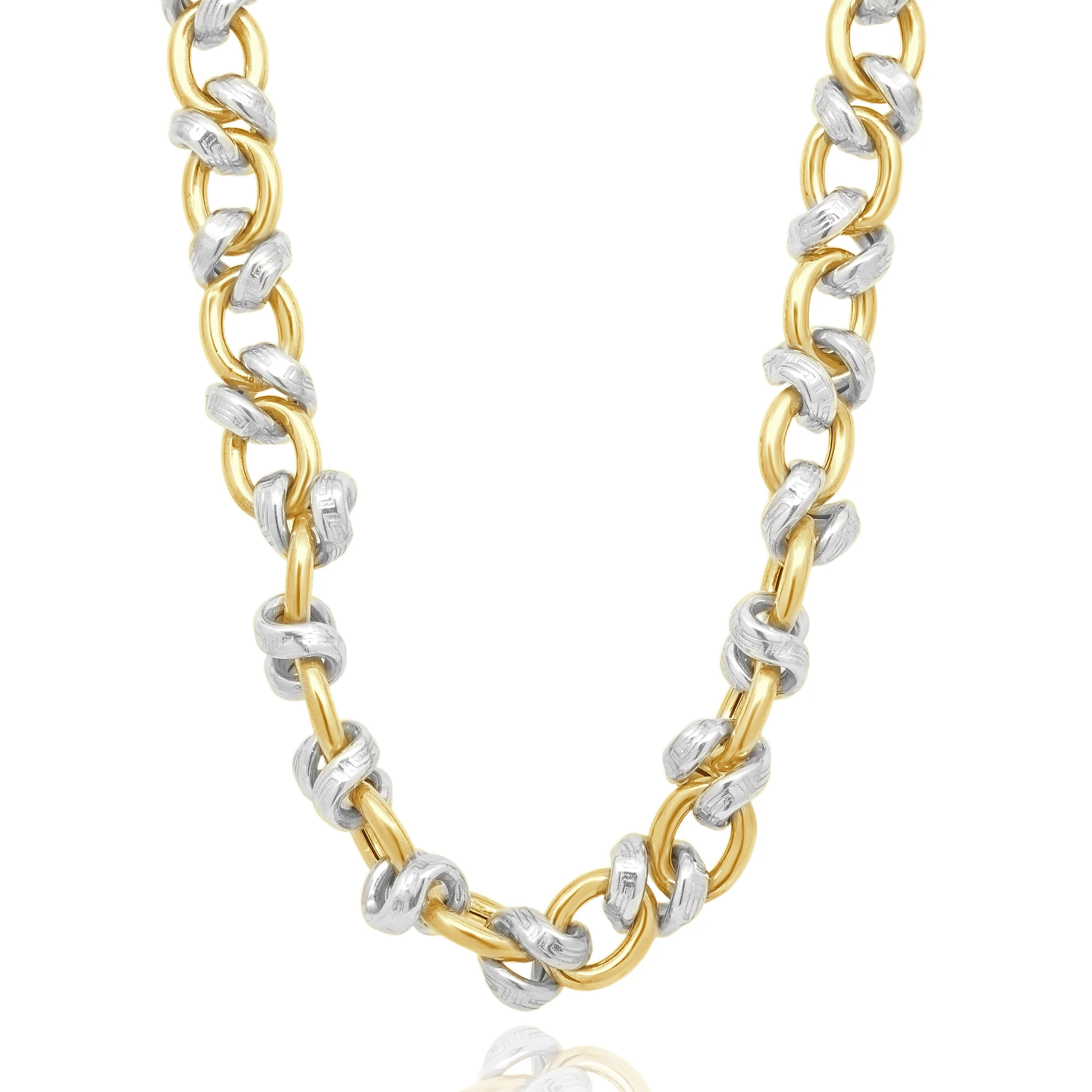 18 Karat Yellow & White Gold Greek Key Oval Link Necklace