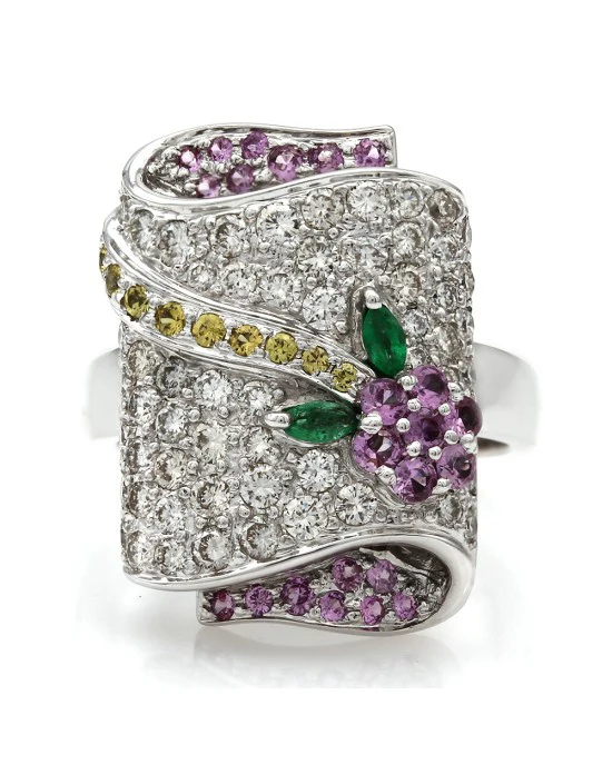 18K Diamond, Sapphire and Emerald Floral Motif Ring - Image 2