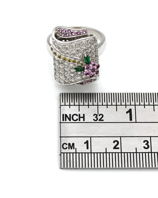 18K Diamond, Sapphire and Emerald Floral Motif Ring - Image 3