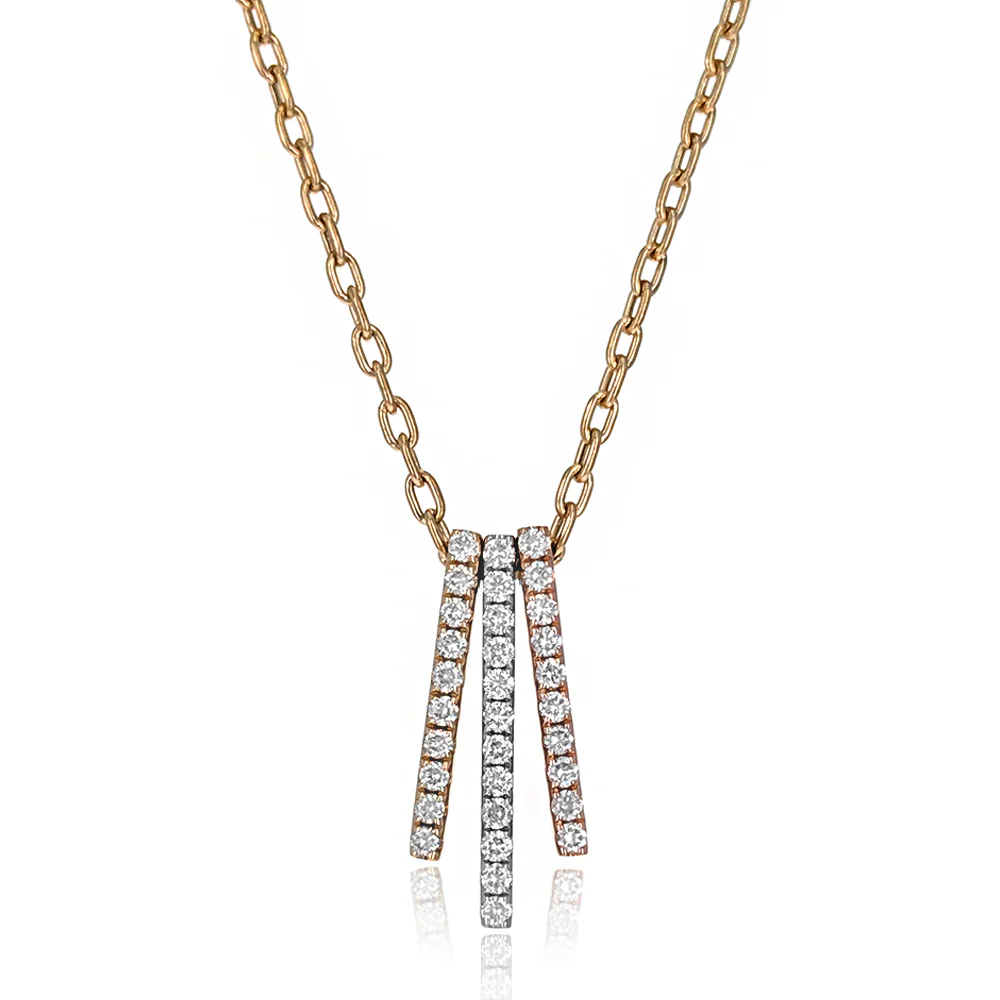 18K Tri-Tone Round Diamond Three Bar Pendant Necklace