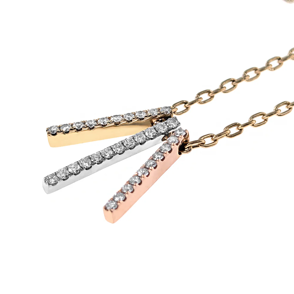 18K Tri-Tone Round Diamond Three Bar Pendant Necklace - Image 2