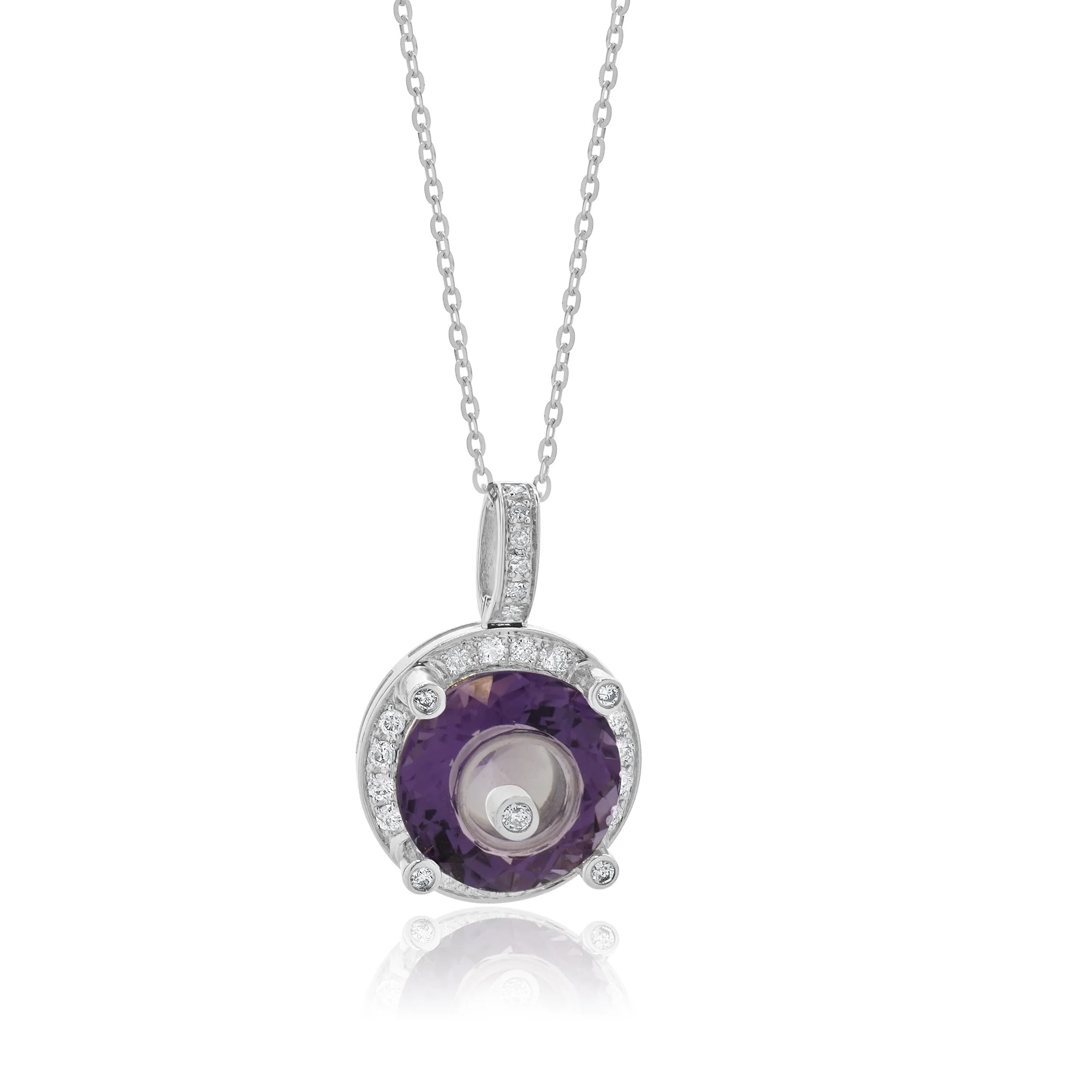 18K White Gold Amethyst Floating Diamond Halo Necklace - Image 2