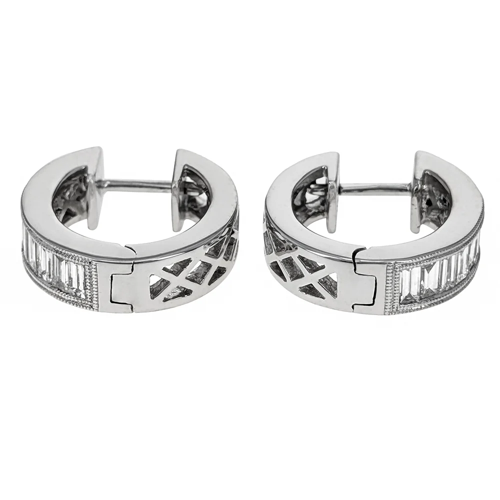 18K White Gold Baguette Cut Diamond Huggie Earrings - Image 2