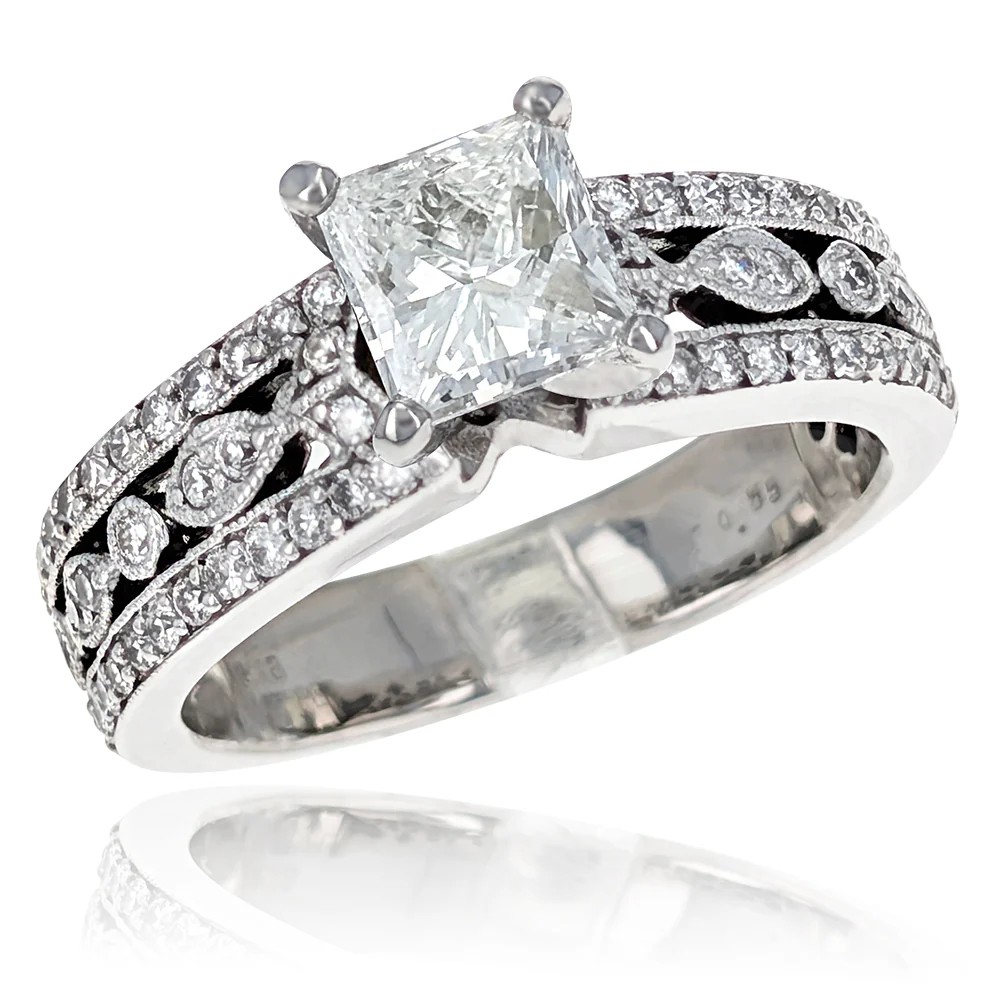18K White Gold Certified Princess Cut and Round Diamond Engagement Ring