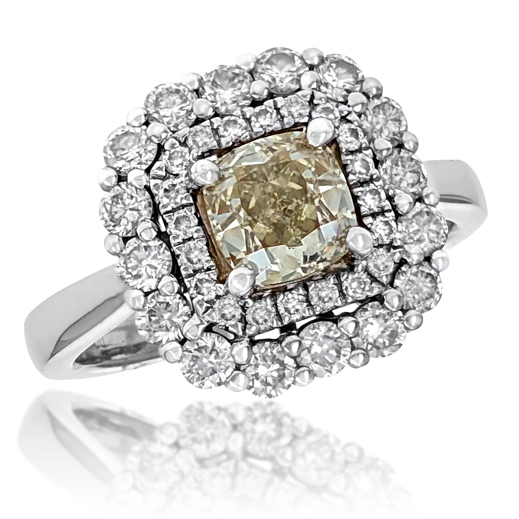 18K White Gold Cushion-Cut Yellow Diamond Halo Engagement Ring