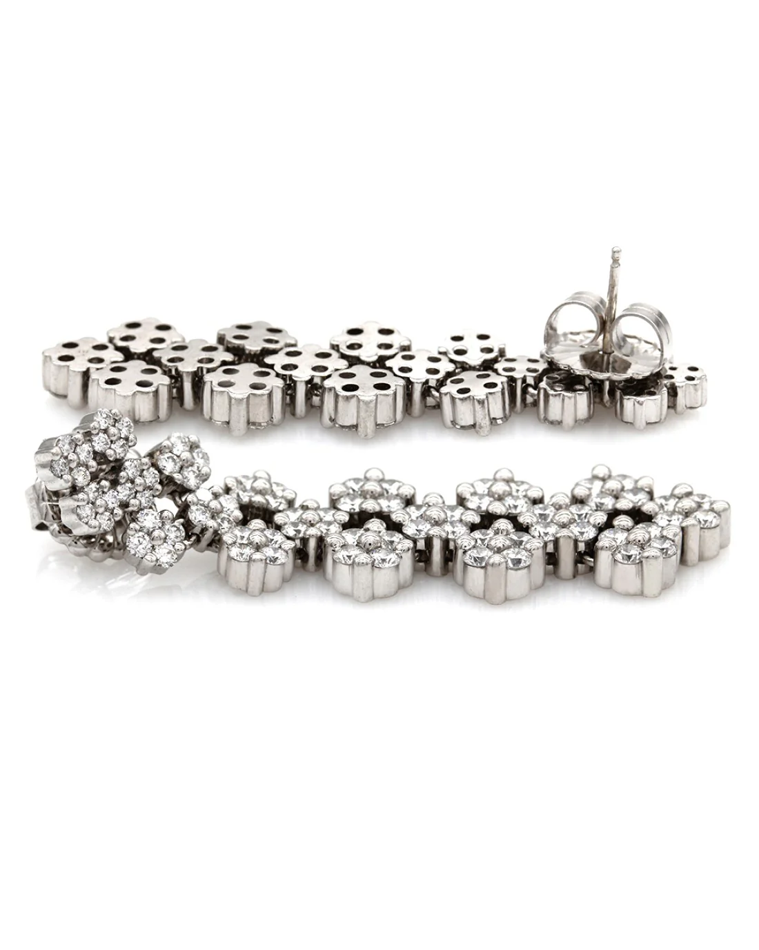 18k White Gold Diamond Cluster Dangle Earrings - Image 2