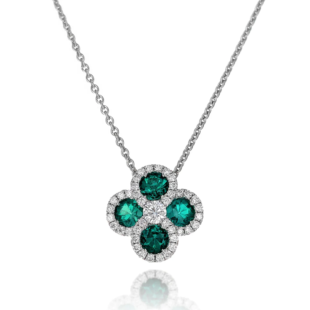 18K White Gold Diamond & Emerald Clover Pendant Necklace