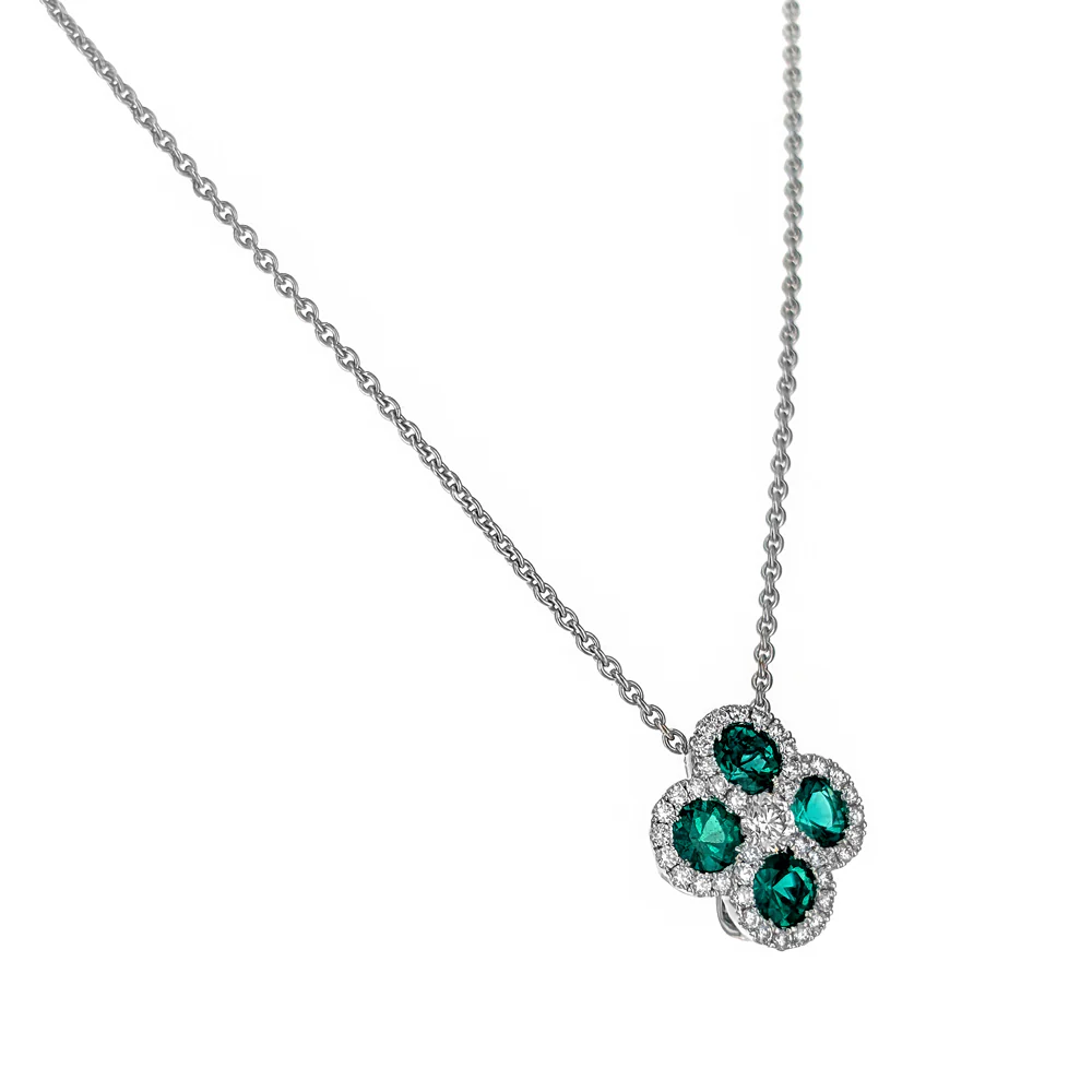 18K White Gold Diamond & Emerald Clover Pendant Necklace - Image 2