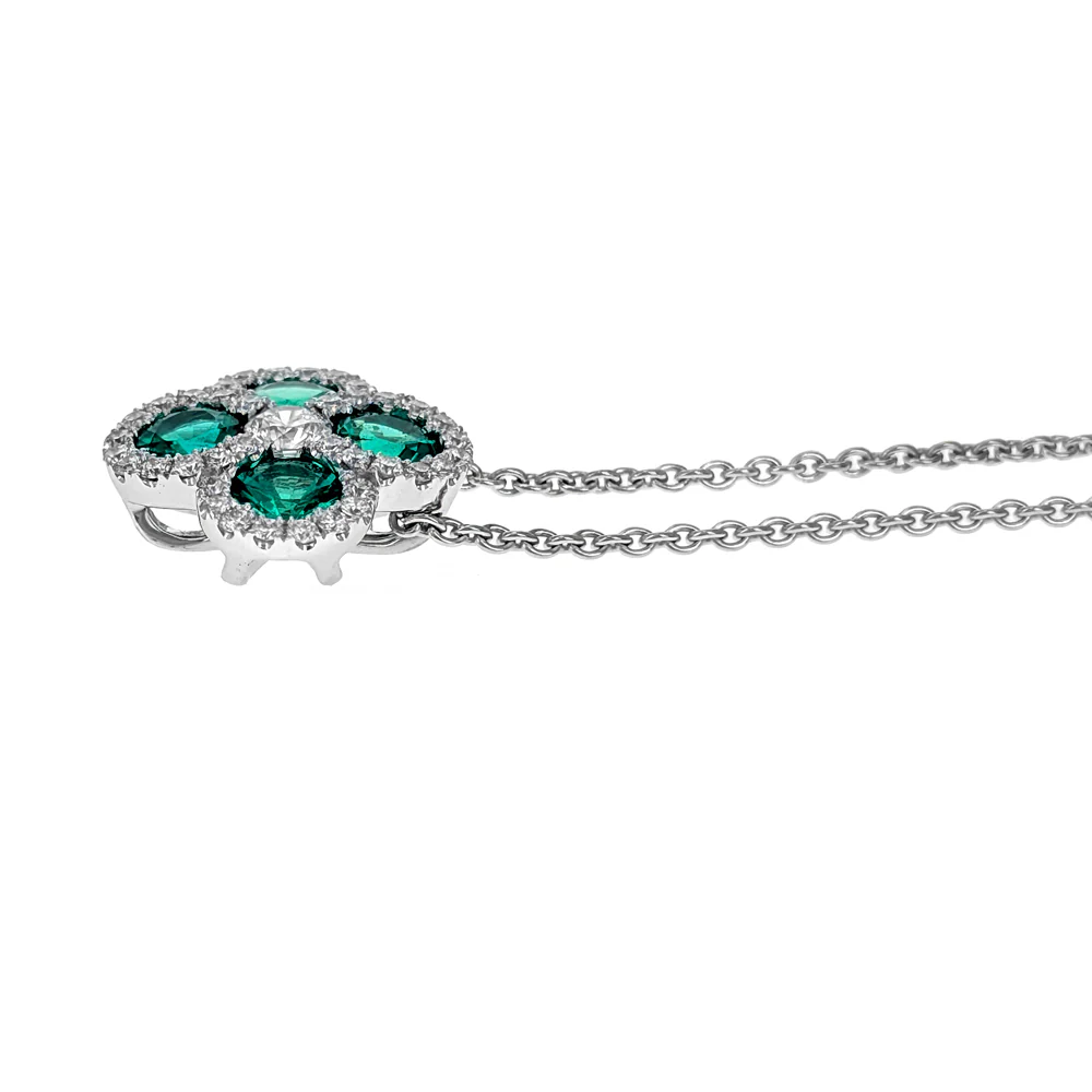 18K White Gold Diamond & Emerald Clover Pendant Necklace - Image 3