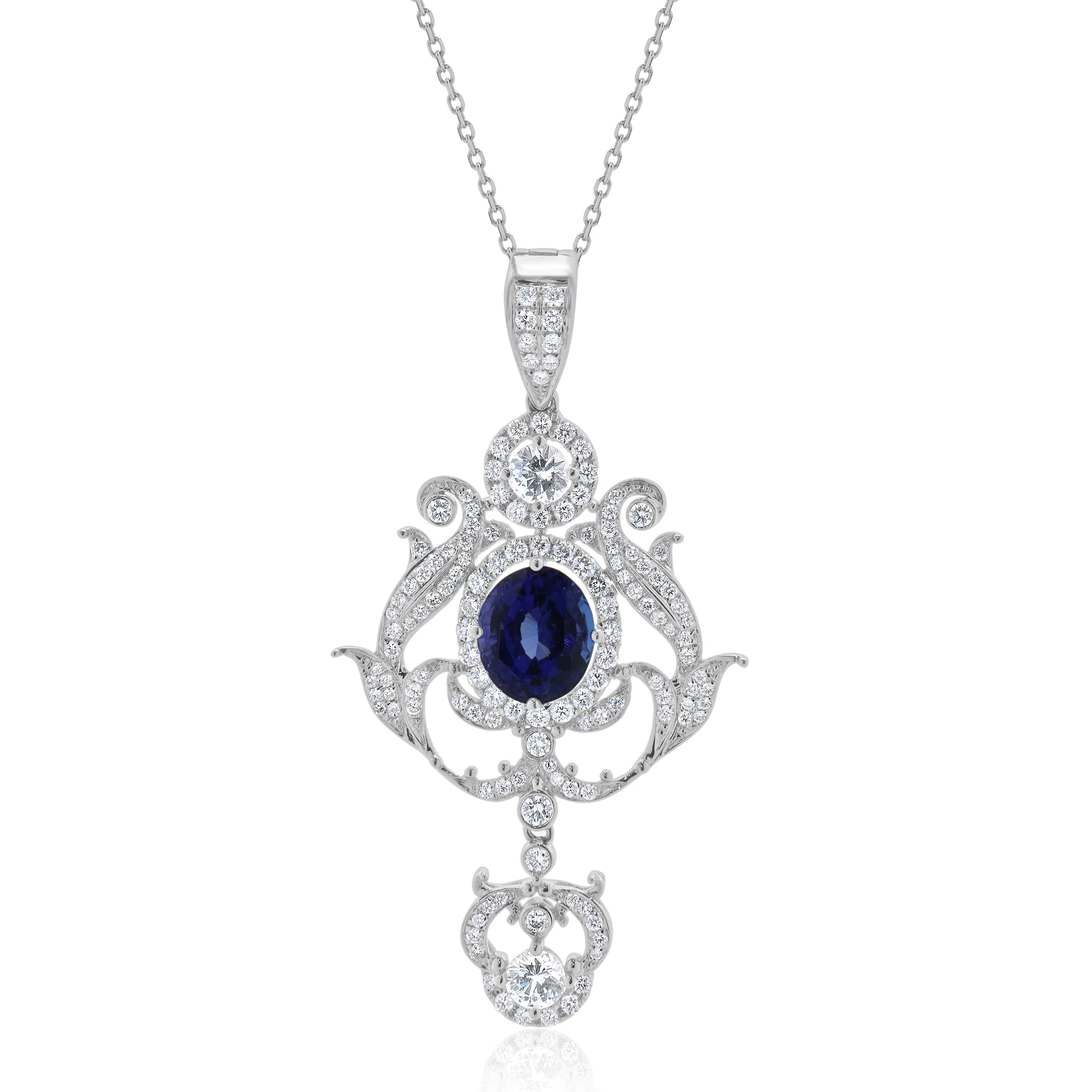 18k White Gold Diamond, White Sapphire, and Tanzanite Art Deco Style Drop Necklace - Image 2