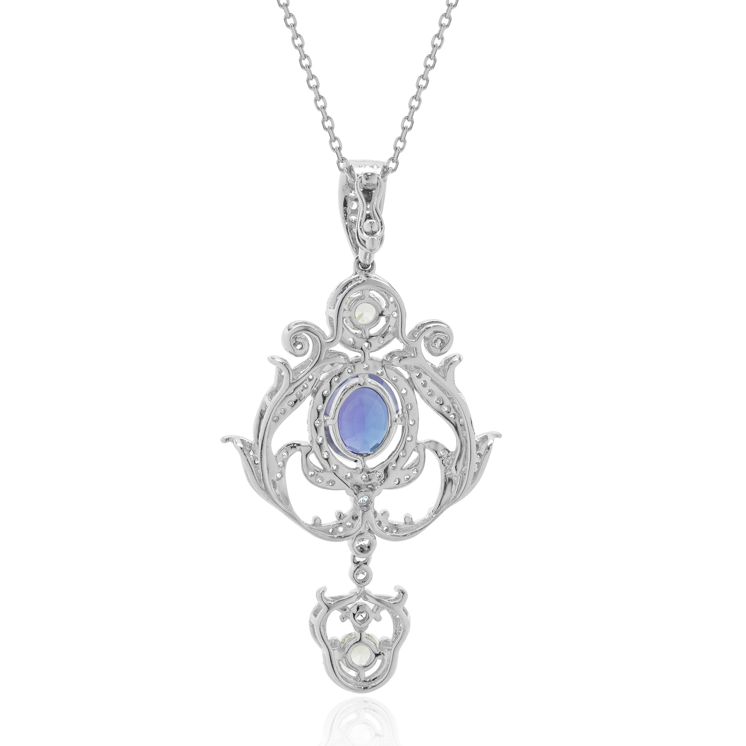 18k White Gold Diamond, White Sapphire, and Tanzanite Art Deco Style Drop Necklace - Image 3