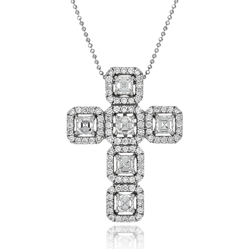 18K White Gold Princess Cut and Round Diamond Halo Cross Pendant Necklace