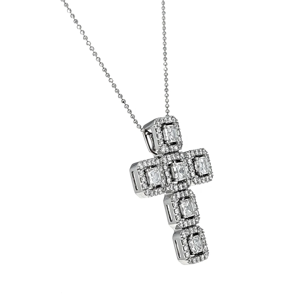 18K White Gold Princess Cut and Round Diamond Halo Cross Pendant Necklace - Image 2