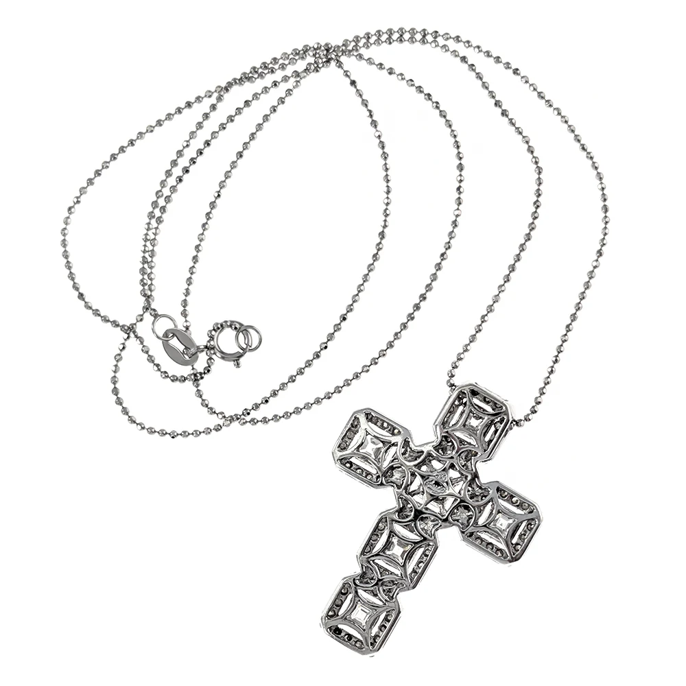 18K White Gold Princess Cut and Round Diamond Halo Cross Pendant Necklace - Image 3