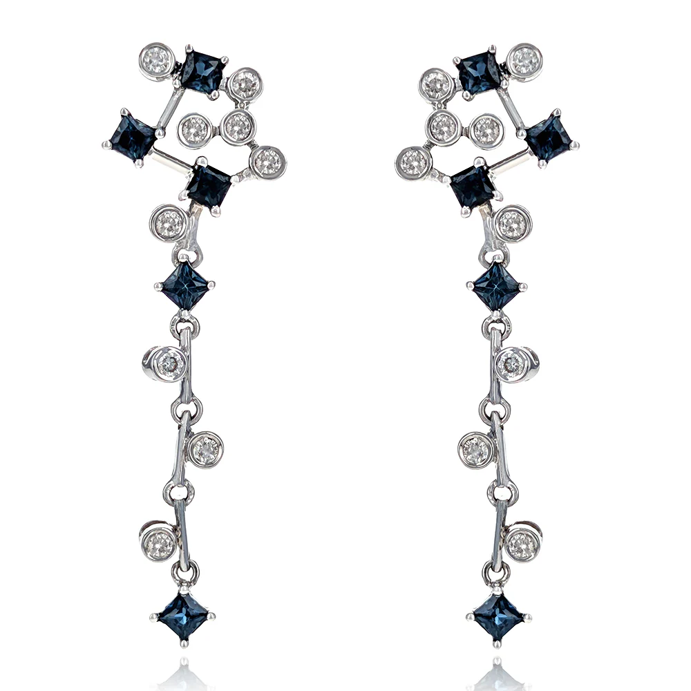 18K White Gold Princess Cut Blue Sapphire and Round Diamond Dangle Earrings
