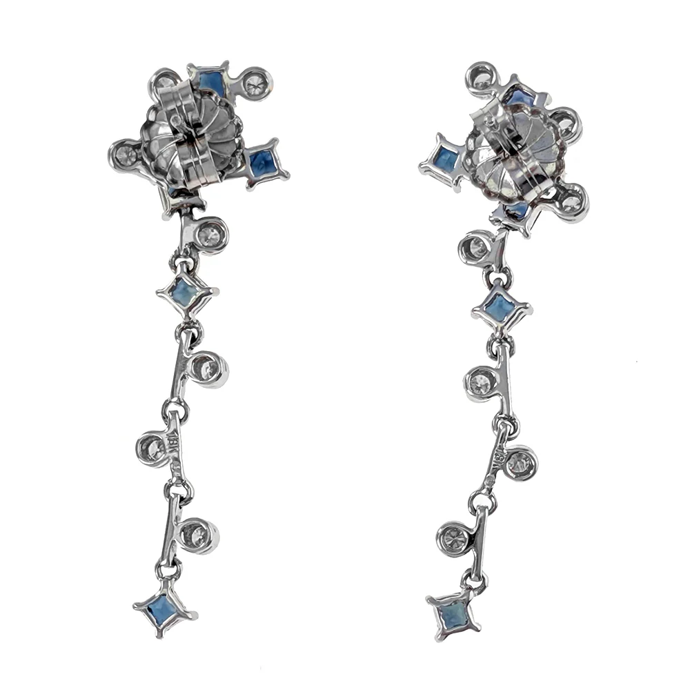 18K White Gold Princess Cut Blue Sapphire and Round Diamond Dangle Earrings - Image 2