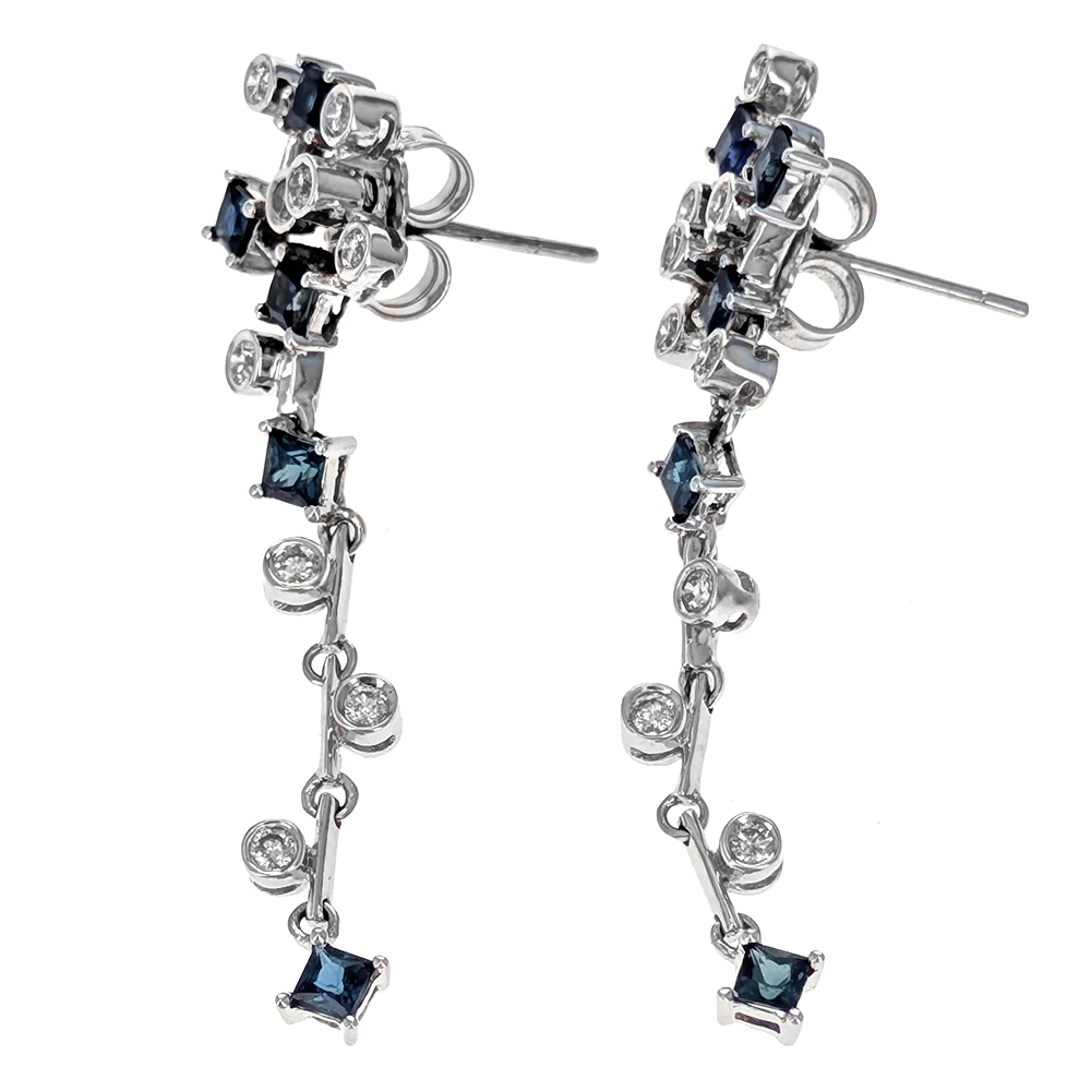 18K White Gold Princess Cut Blue Sapphire and Round Diamond Dangle Earrings - Image 3