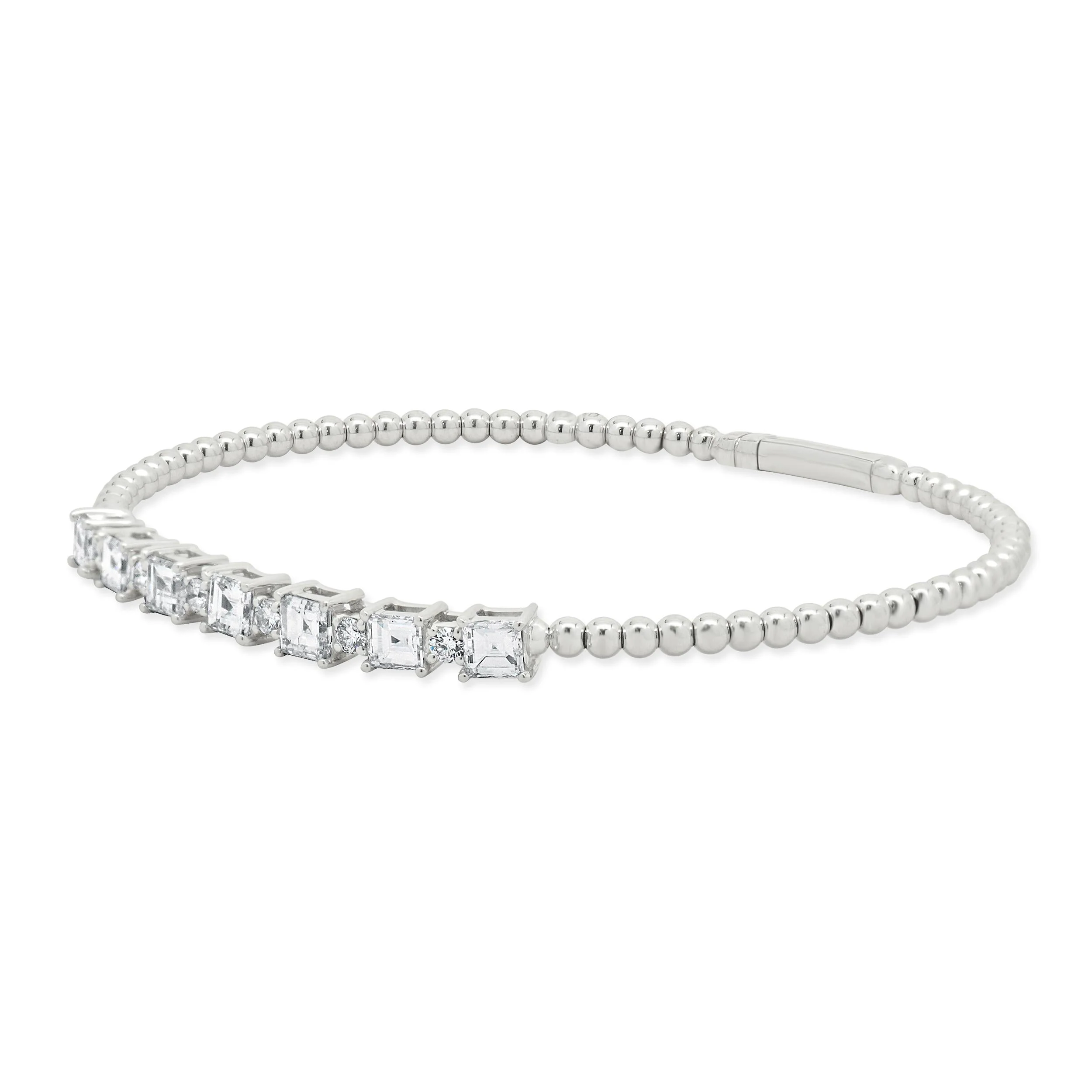 18K White Gold Round and Asscher Cut Alternating Diamond Flex Bracelet - Image 2