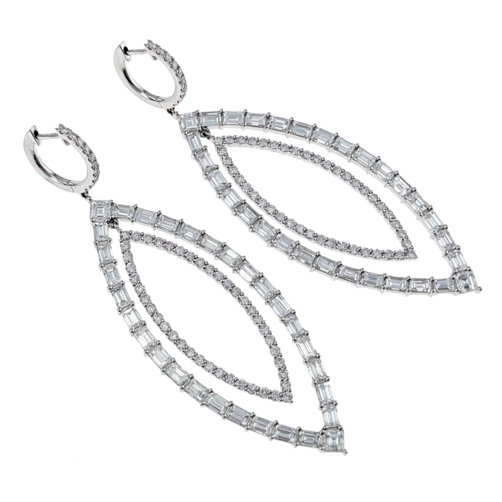 18K White Gold Round & Baguette Cut Diamond Marquise Shape Cut Out Drop Earrings - Image 2