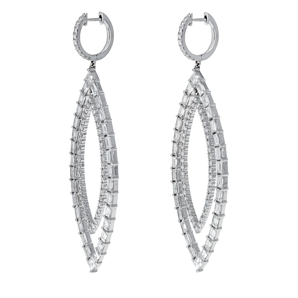 18K White Gold Round & Baguette Cut Diamond Marquise Shape Cut Out Drop Earrings - Image 3