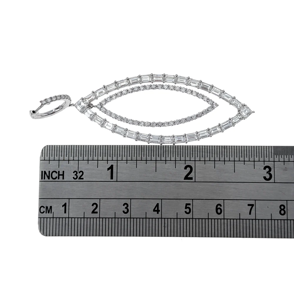 18K White Gold Round & Baguette Cut Diamond Marquise Shape Cut Out Drop Earrings - Image 4