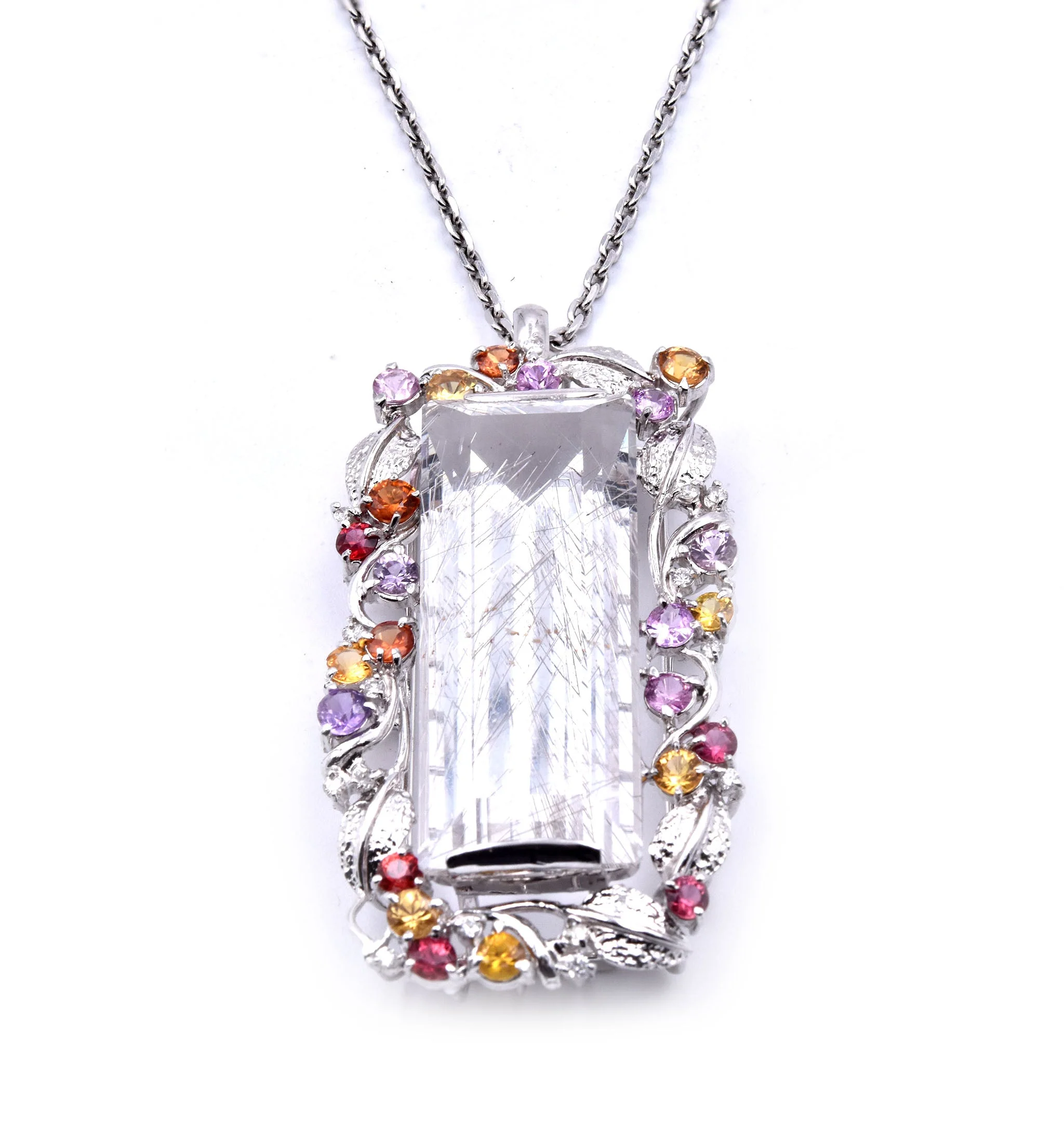 18k White Gold Rutilated Quartz and Multi Sapphire and Diamond Pendant