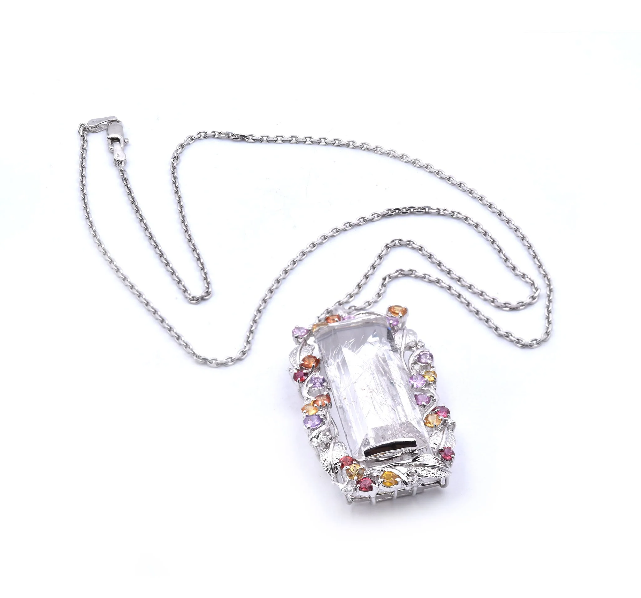 18k White Gold Rutilated Quartz and Multi Sapphire and Diamond Pendant - Image 2
