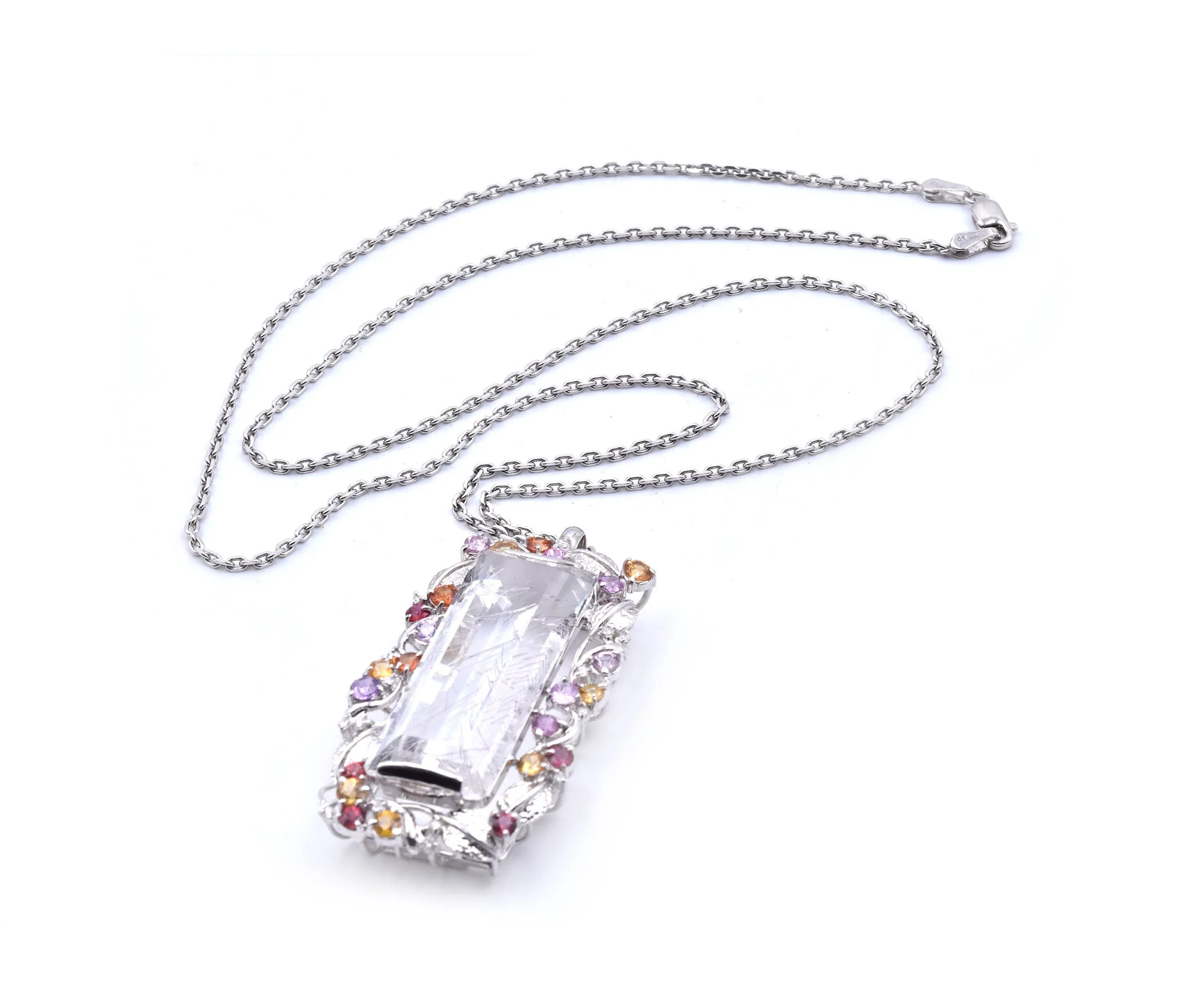 18k White Gold Rutilated Quartz and Multi Sapphire and Diamond Pendant - Image 3