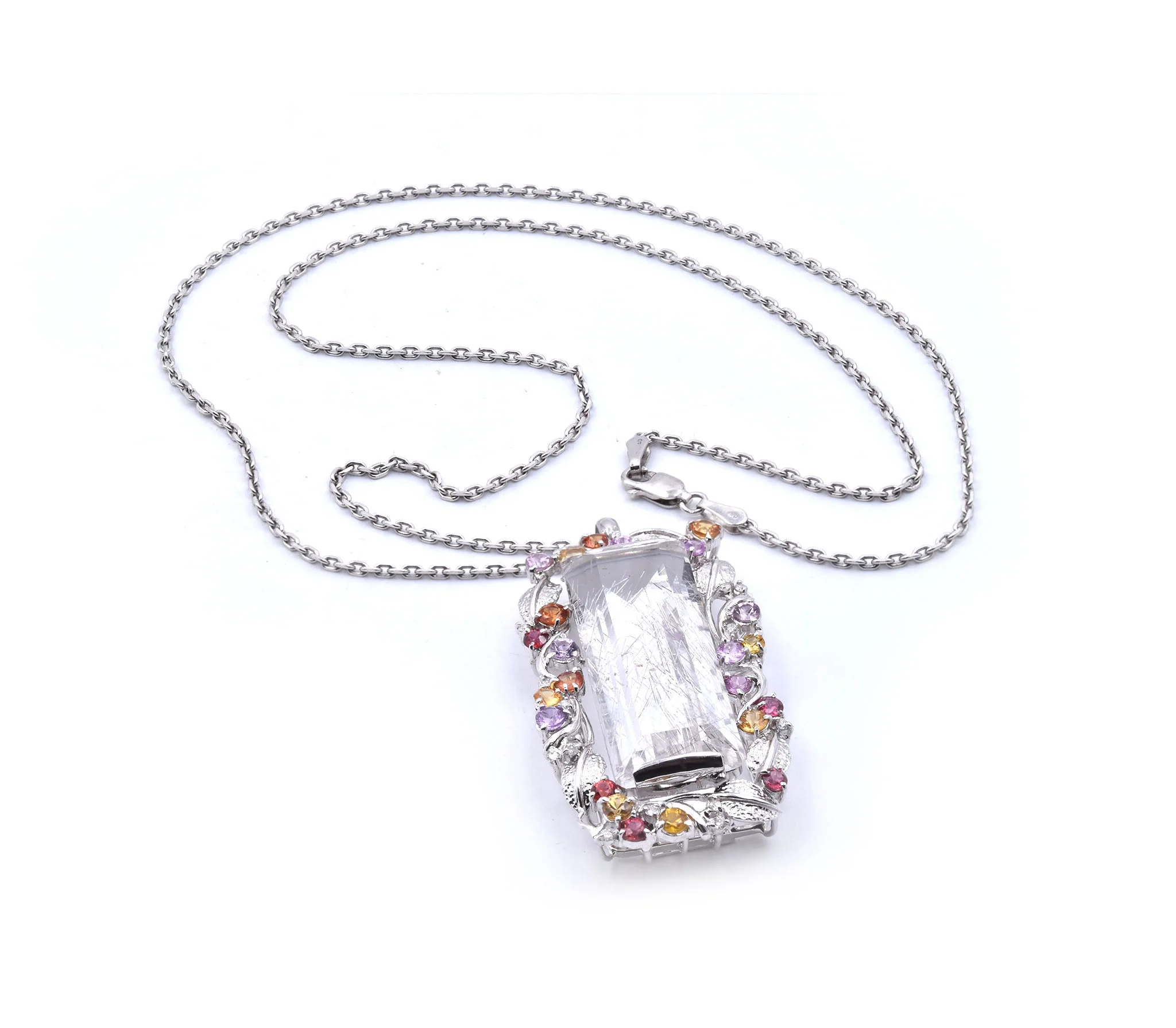 18k White Gold Rutilated Quartz and Multi Sapphire and Diamond Pendant - Image 4