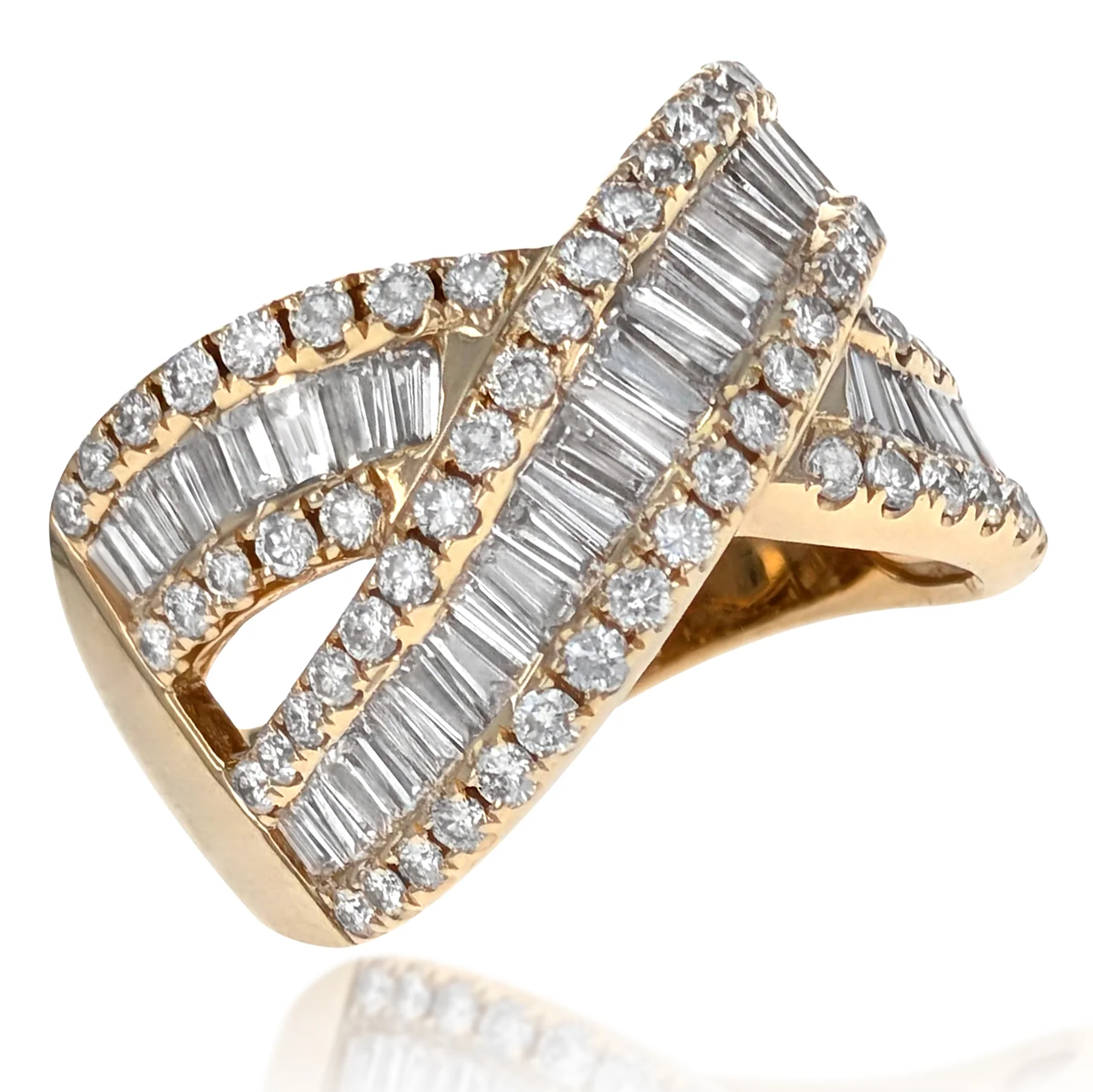 18K Yellow Gold Baguette & Round Brilliant Diamond Crossover Band Ring