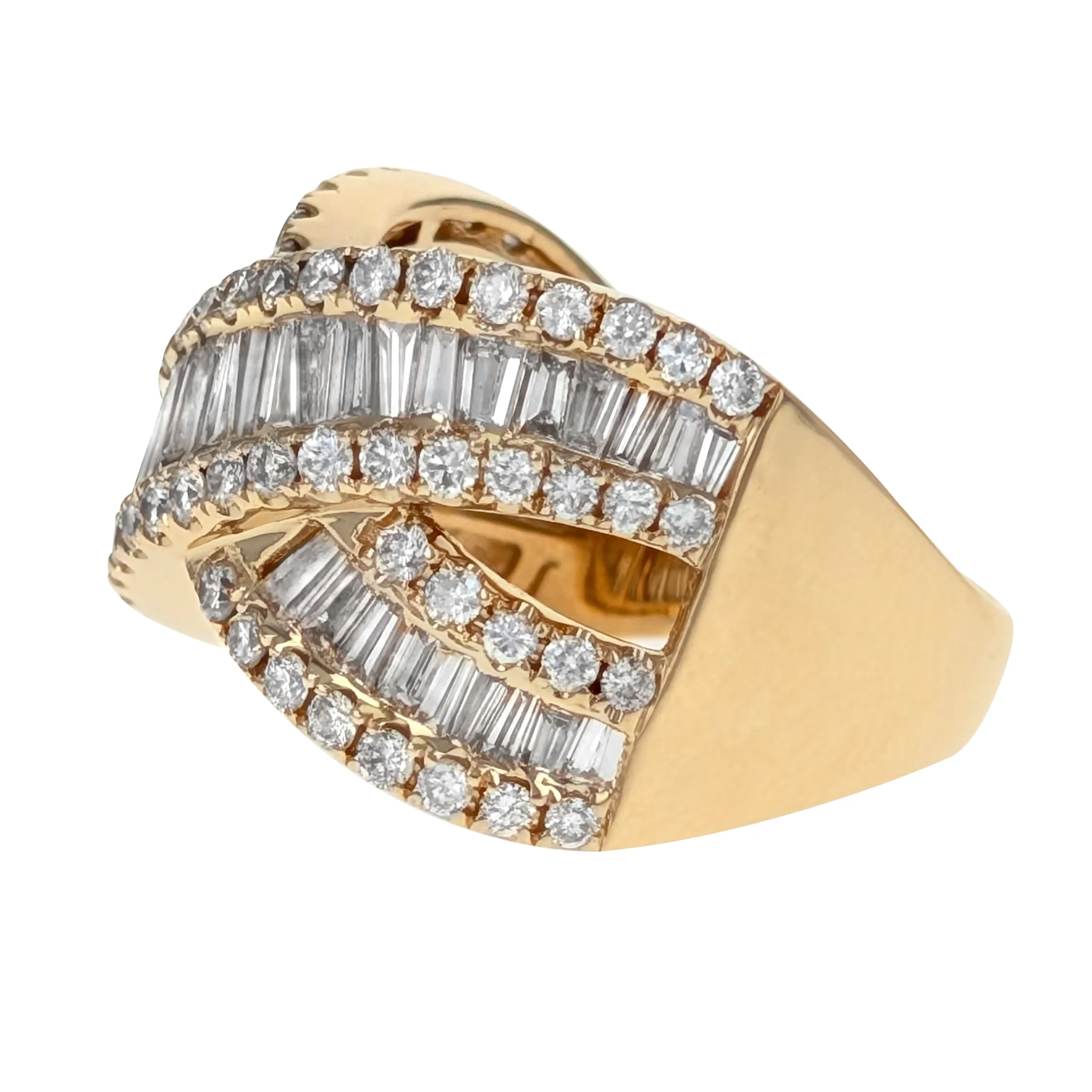 18K Yellow Gold Baguette & Round Brilliant Diamond Crossover Band Ring - Image 2