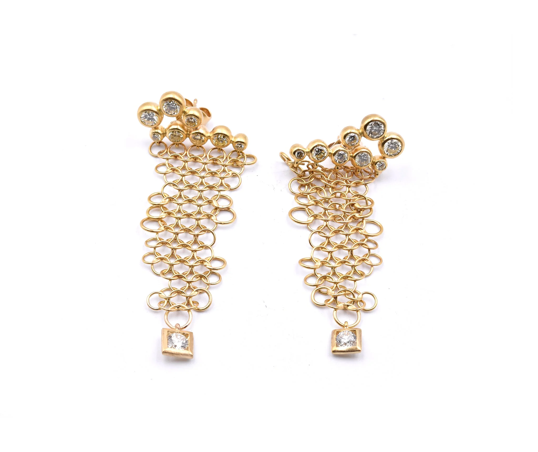 18k Yellow Gold Diamond Mesh Dangle Earrings - Image 2