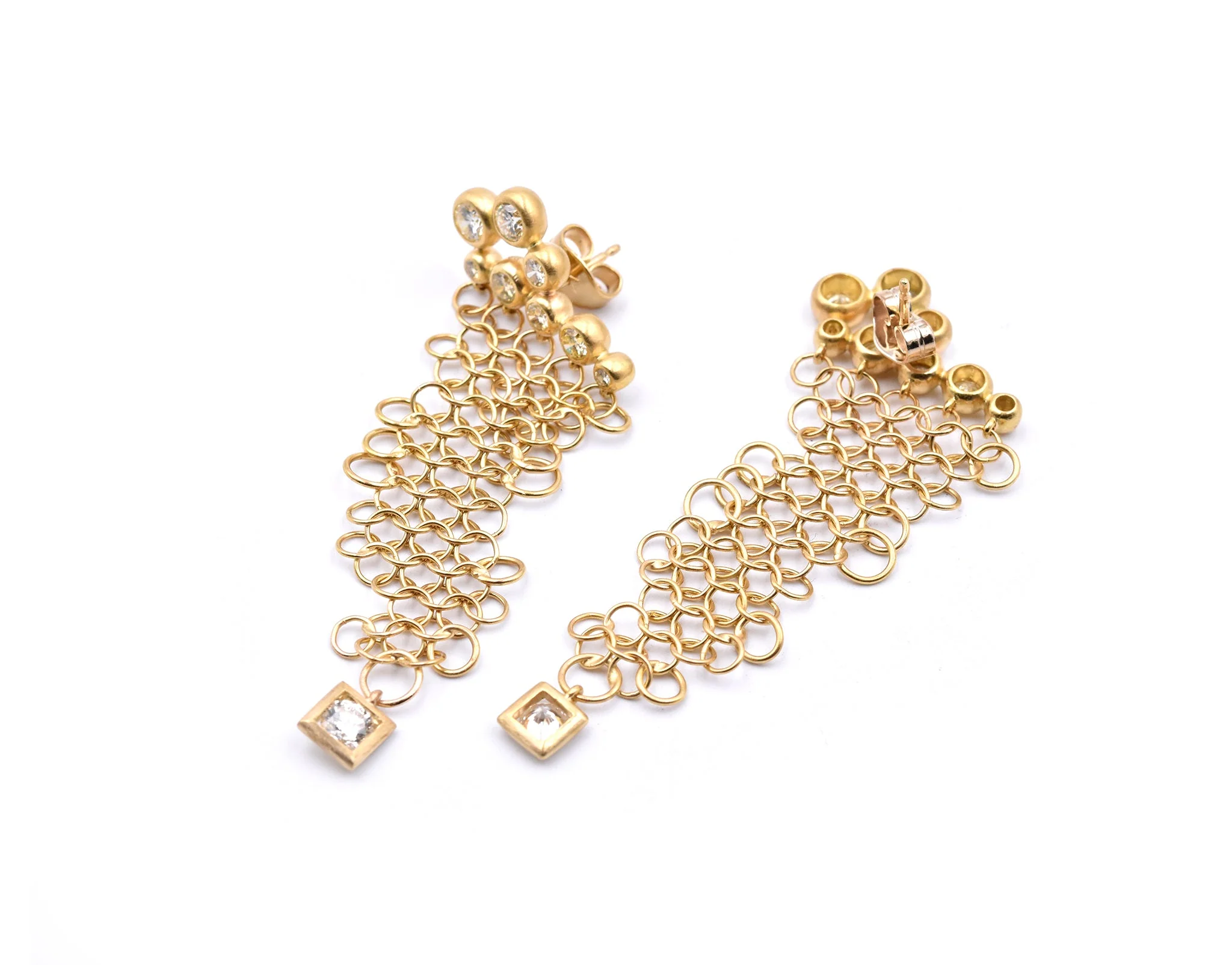 18k Yellow Gold Diamond Mesh Dangle Earrings - Image 4