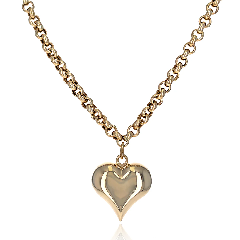 18K Yellow Gold Hollow Puffed Heart Rolo Chain Necklace