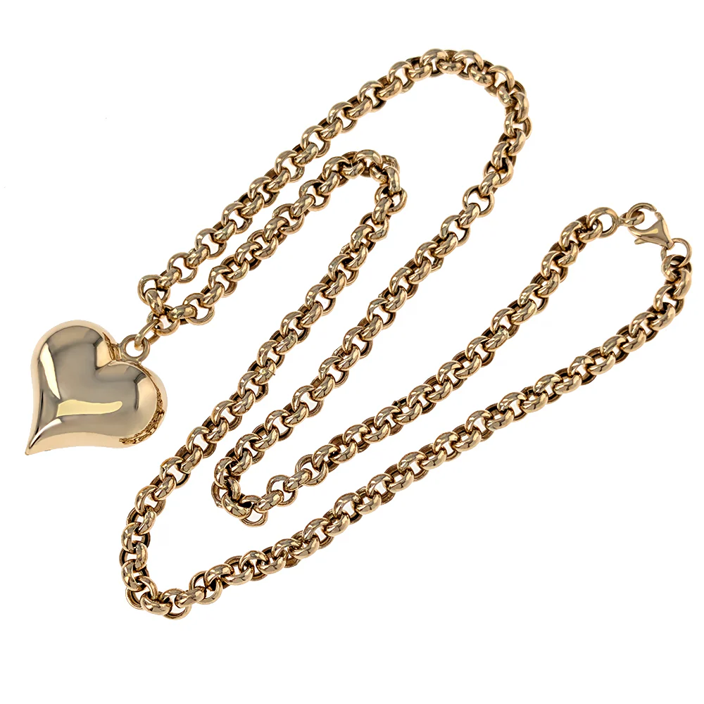 18K Yellow Gold Hollow Puffed Heart Rolo Chain Necklace - Image 2