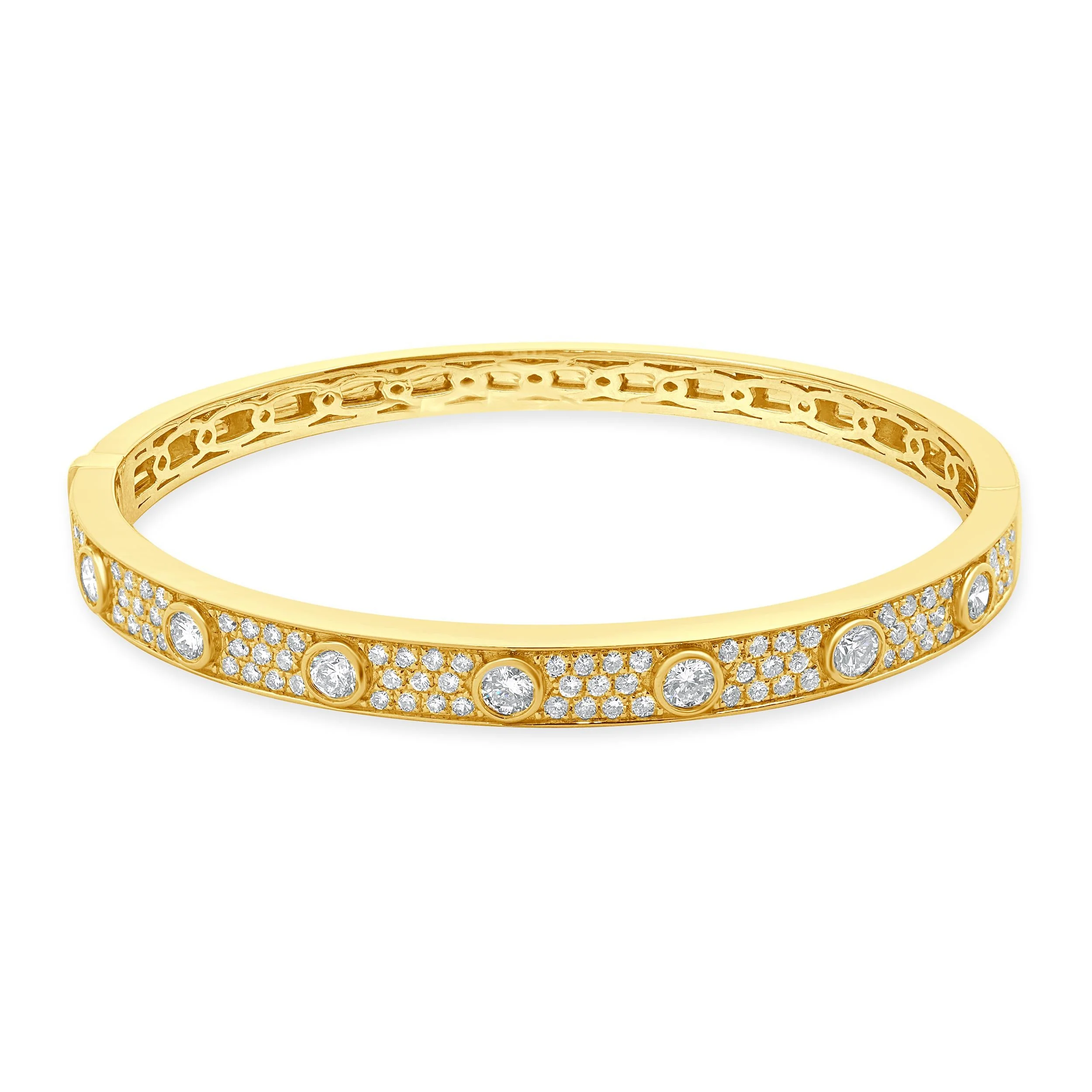 18k Yellow Gold Pave Diamond Bangle Bracelet with Bezel Set Diamond Stations